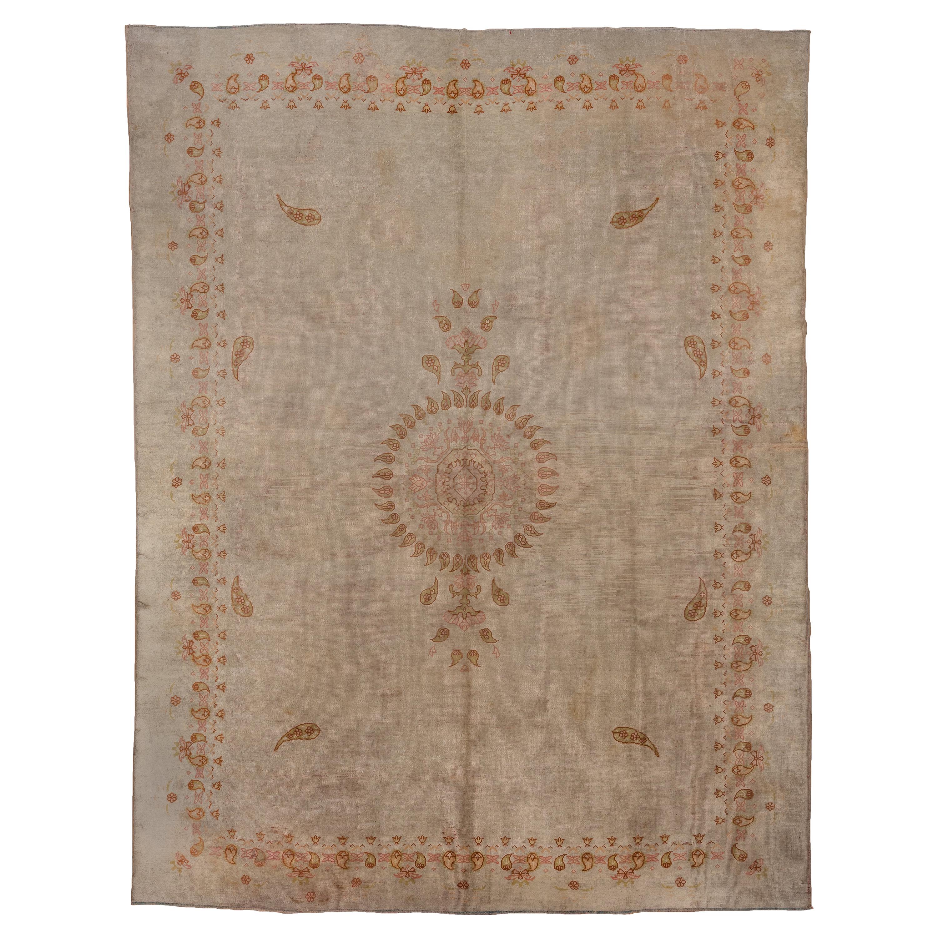 Antique Oushak Carpet, Ivory Field, Orange Accents, circa 1920s