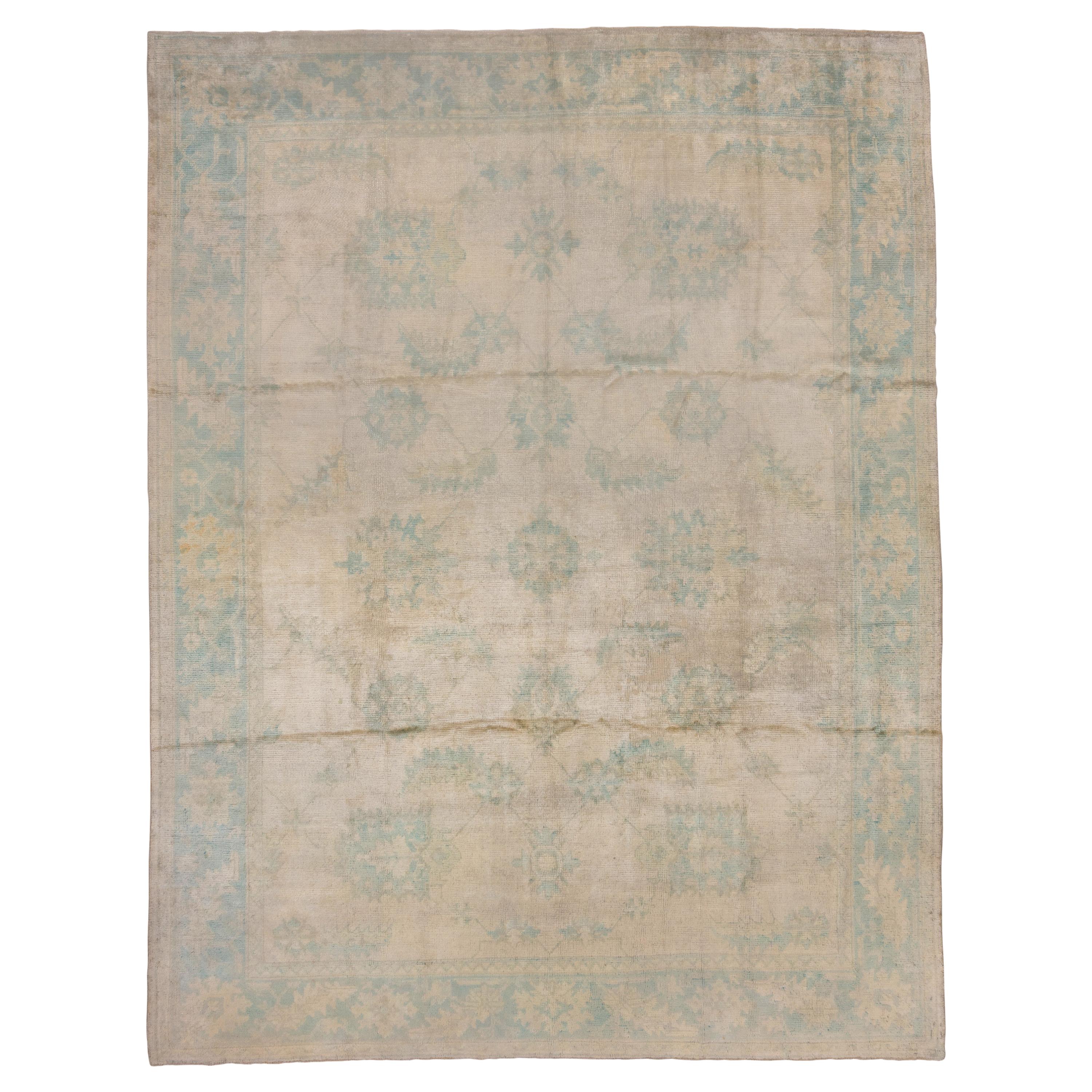 Antique Oushak Carpet, Ivory Field, Turquoise Borders