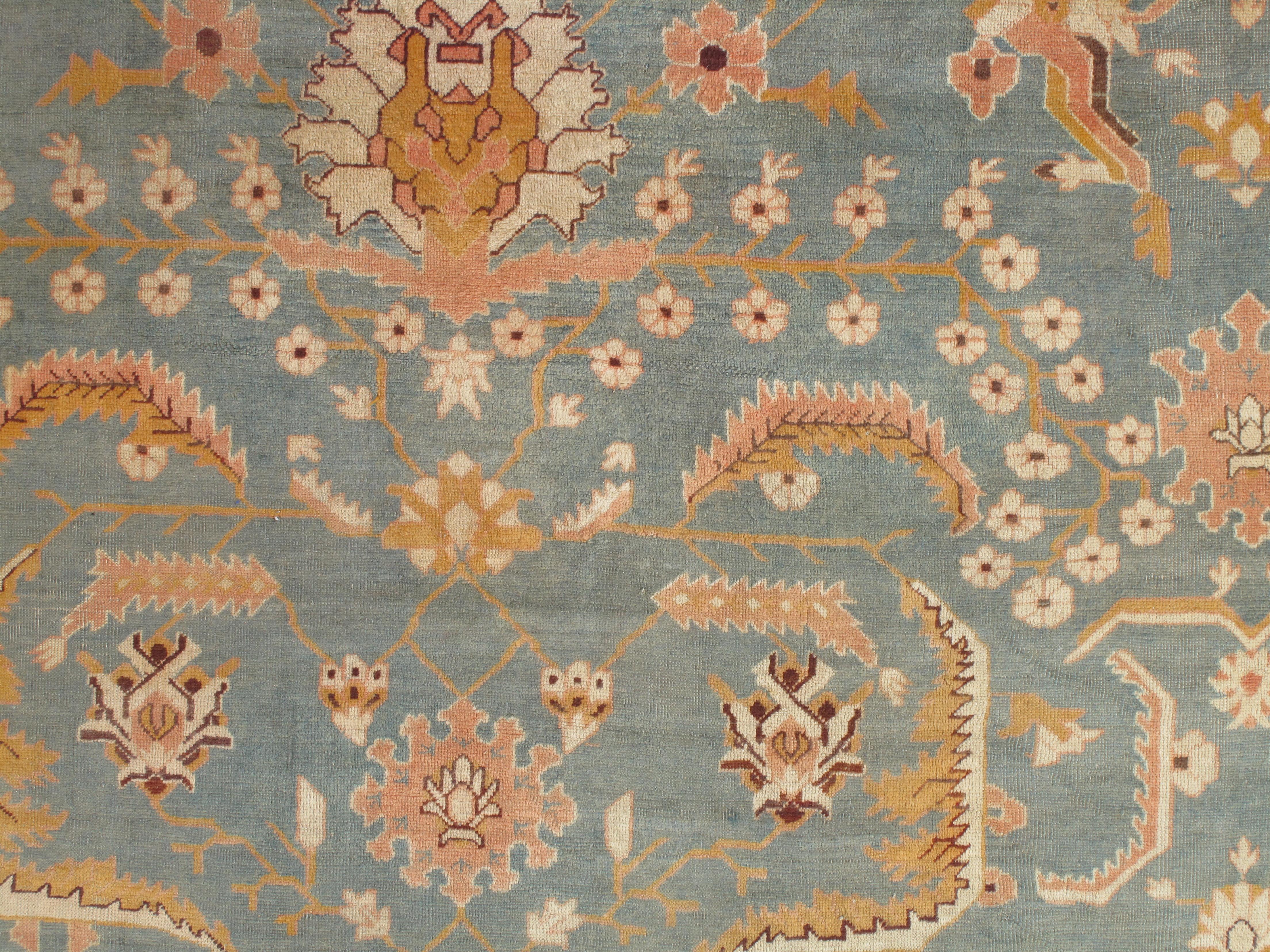 Wool Antique Oushak Carpet, Oriental Rug, Handmade Blue/Grey, Ivory, Peach