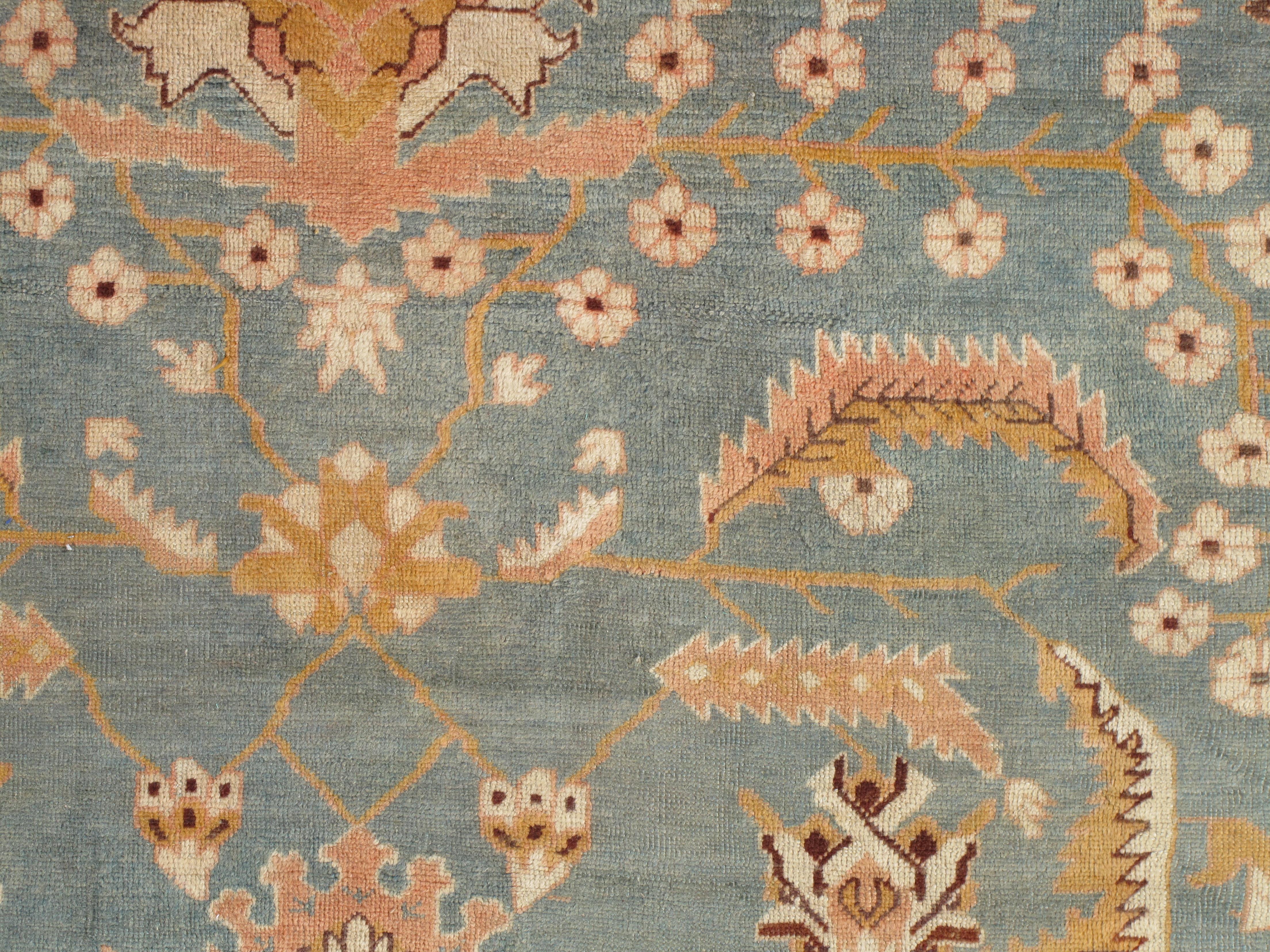 Antique Oushak Carpet, Oriental Rug, Handmade Blue/Grey, Ivory, Peach 1