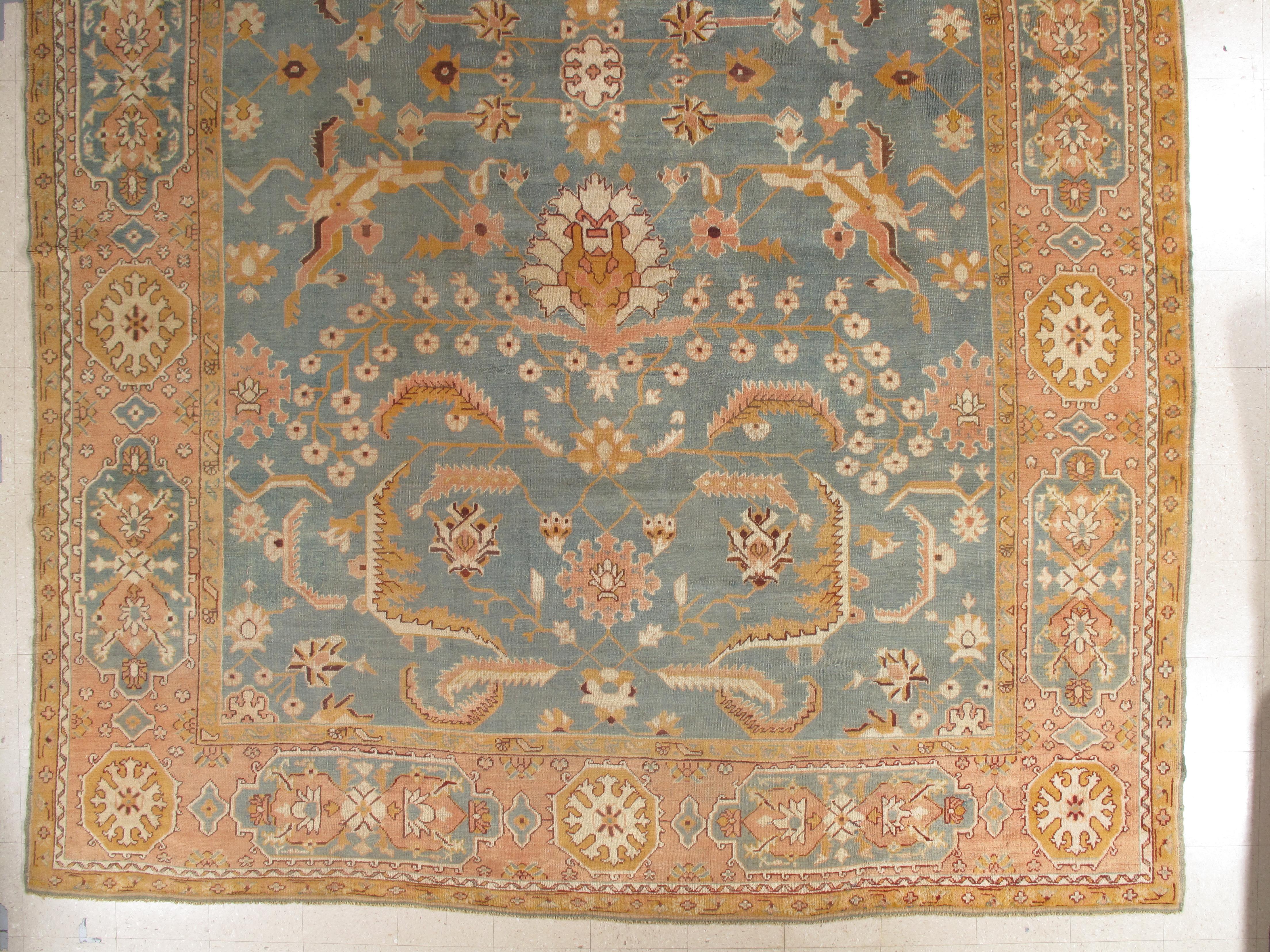 Antique Oushak Carpet, Oriental Rug, Handmade Blue/Grey, Ivory, Peach 2