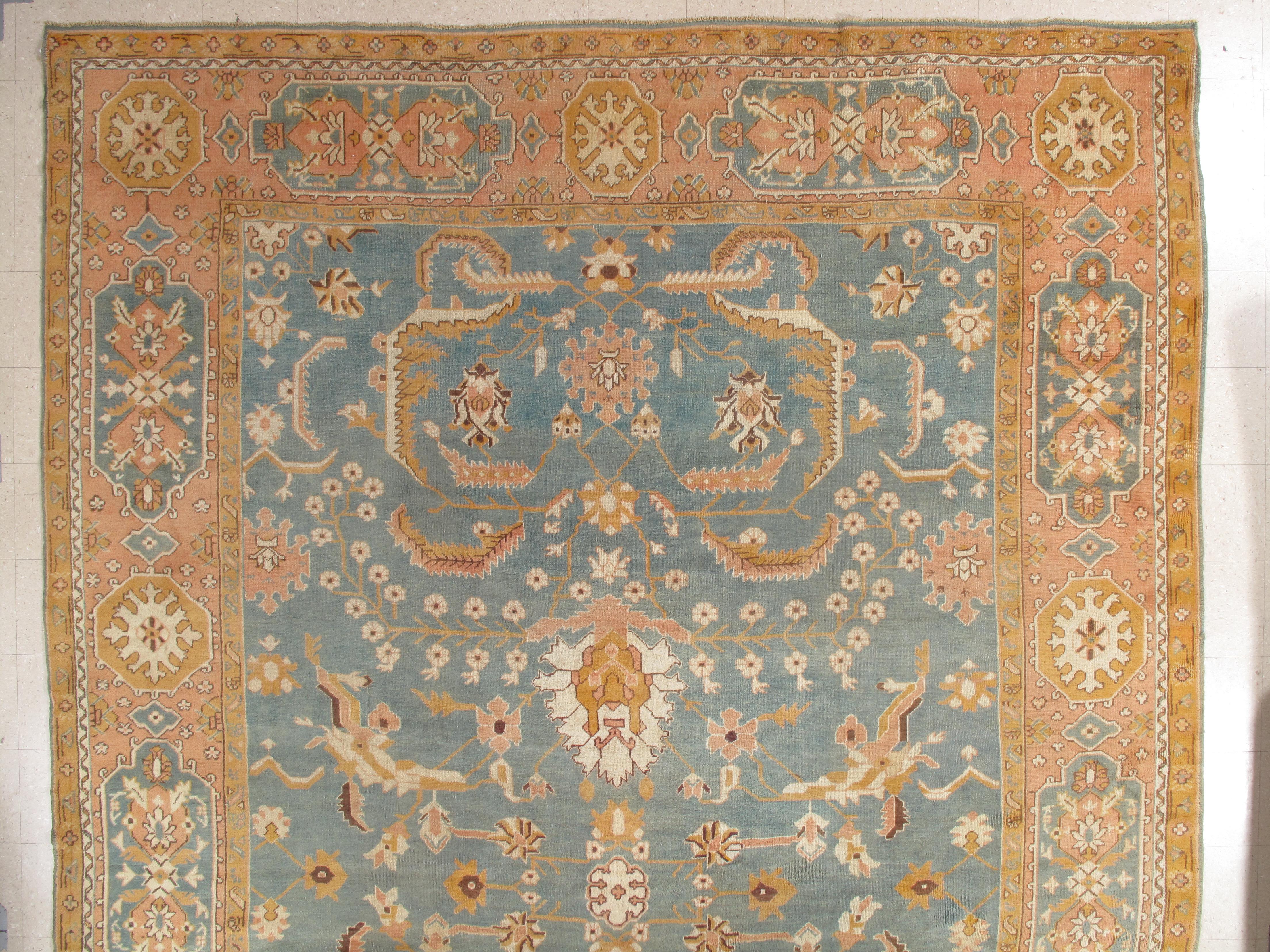 Antique Oushak Carpet, Oriental Rug, Handmade Blue/Grey, Ivory, Peach 3