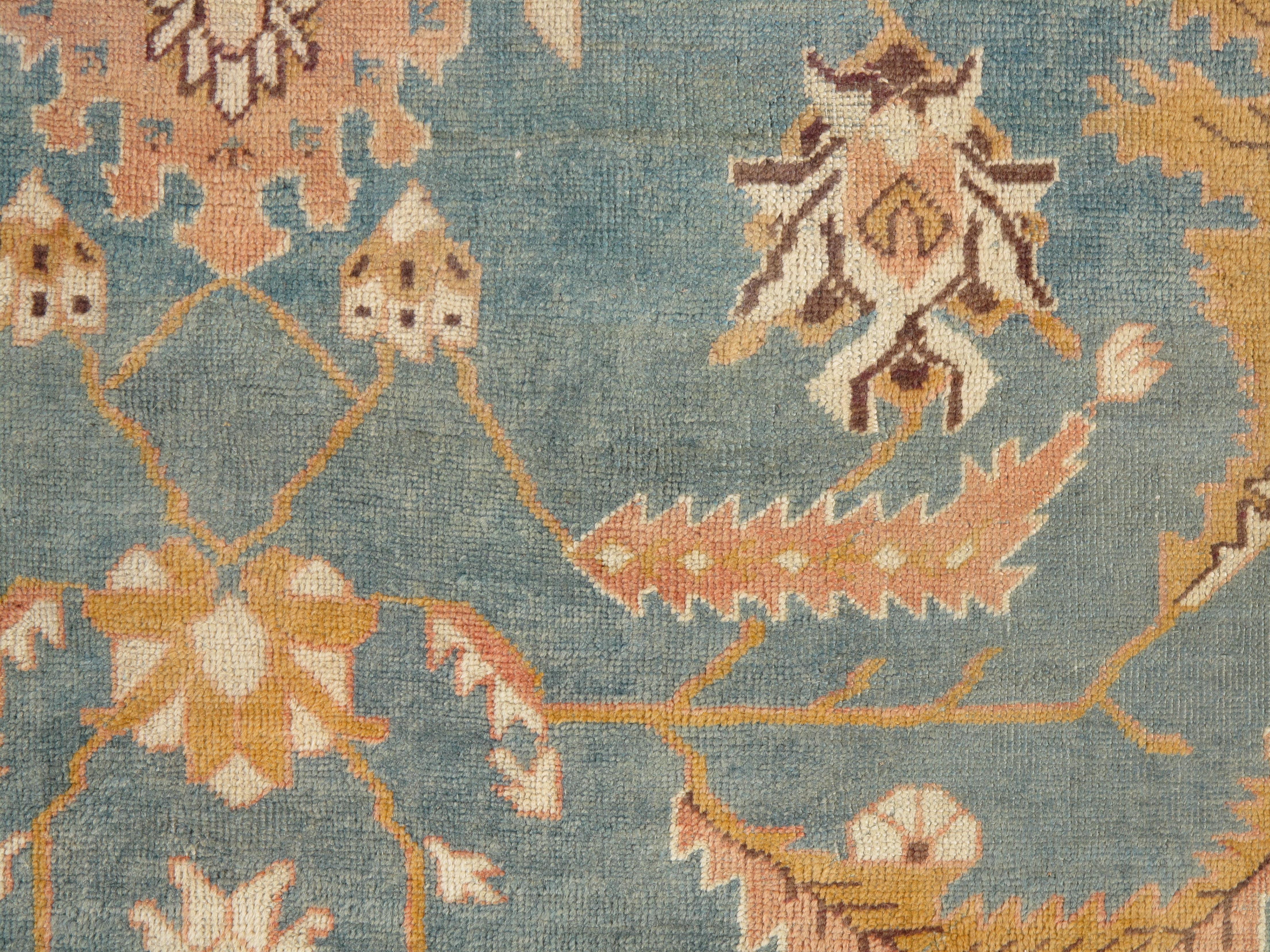 Antique Oushak Carpet, Oriental Rug, Handmade Blue/Grey, Ivory, Peach 4