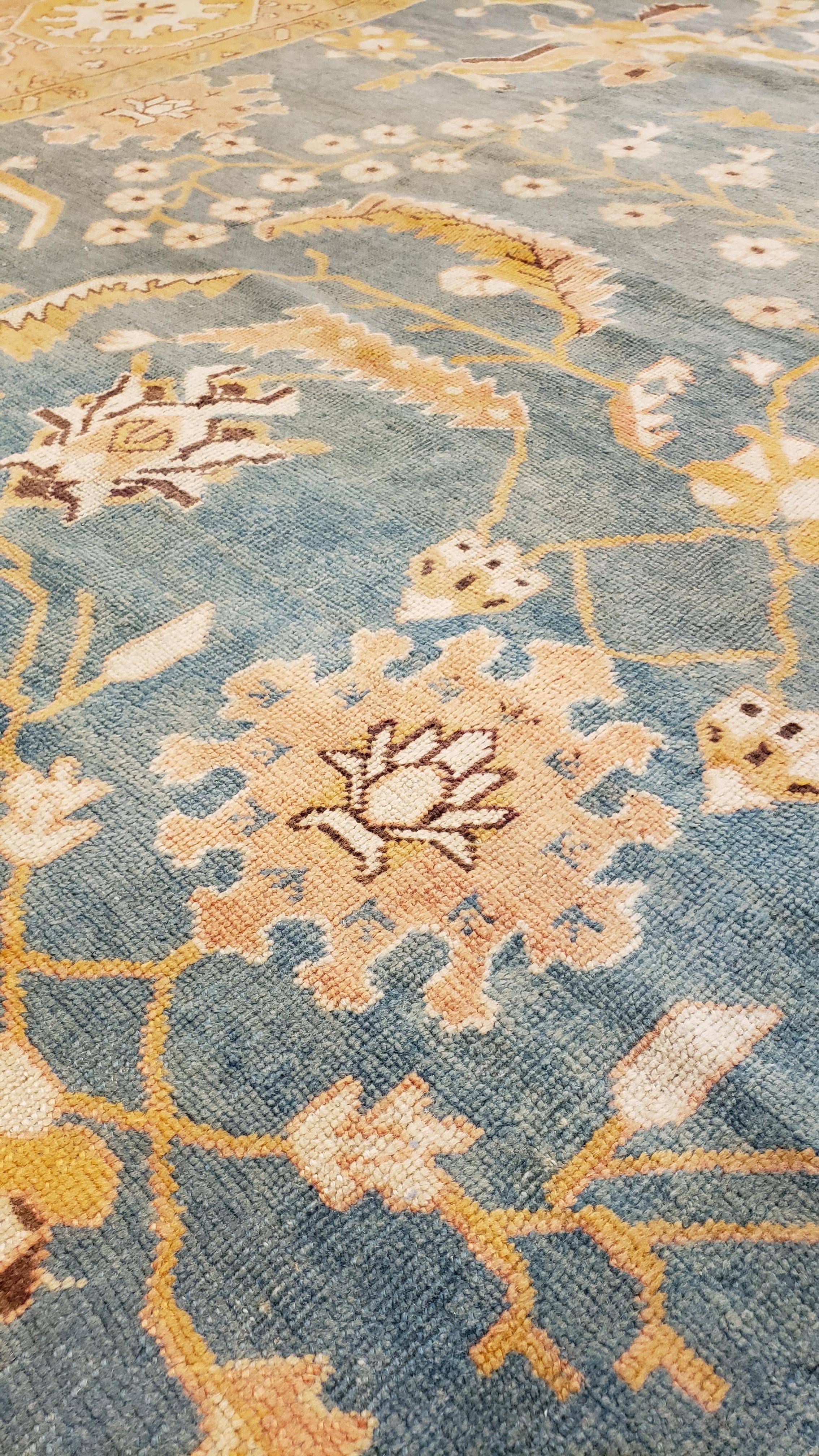 Turkish Antique Oushak Carpet, Oriental Rug, Handmade Blue/Grey, Ivory, Peach