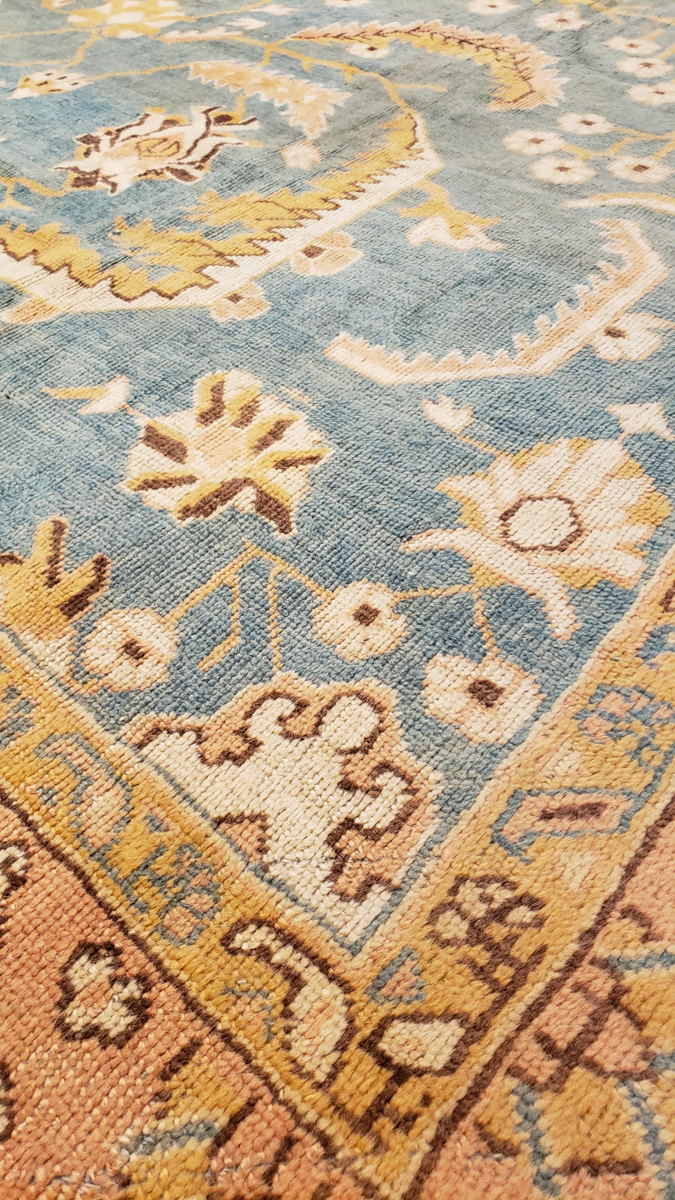 Hand-Knotted Antique Oushak Carpet, Oriental Rug, Handmade Blue/Grey, Ivory, Peach