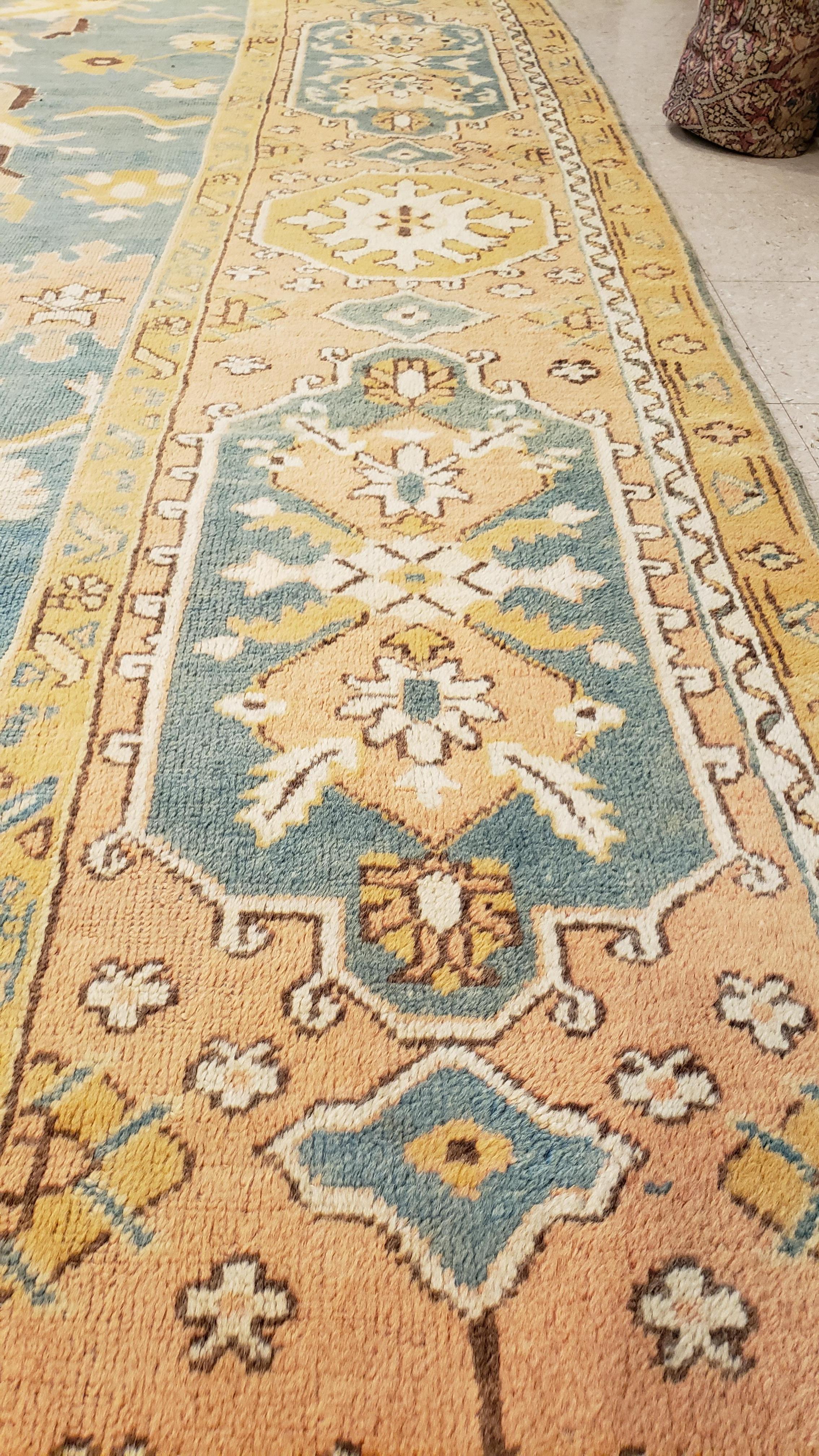 Antique Oushak Carpet, Oriental Rug, Handmade Blue/Grey, Ivory, Peach In Excellent Condition In Port Washington, NY