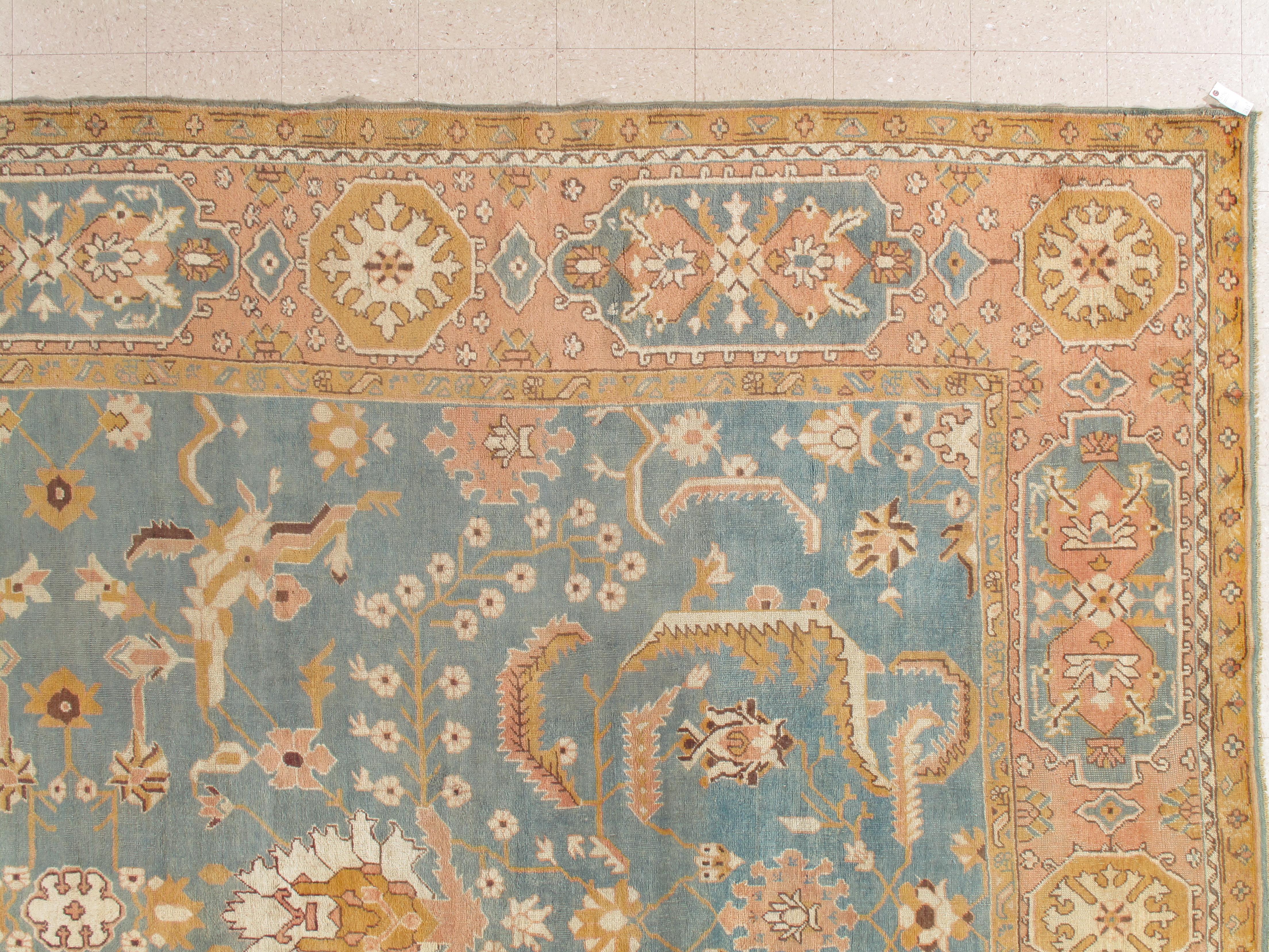 19th Century Antique Oushak Carpet, Oriental Rug, Handmade Blue/Grey, Ivory, Peach