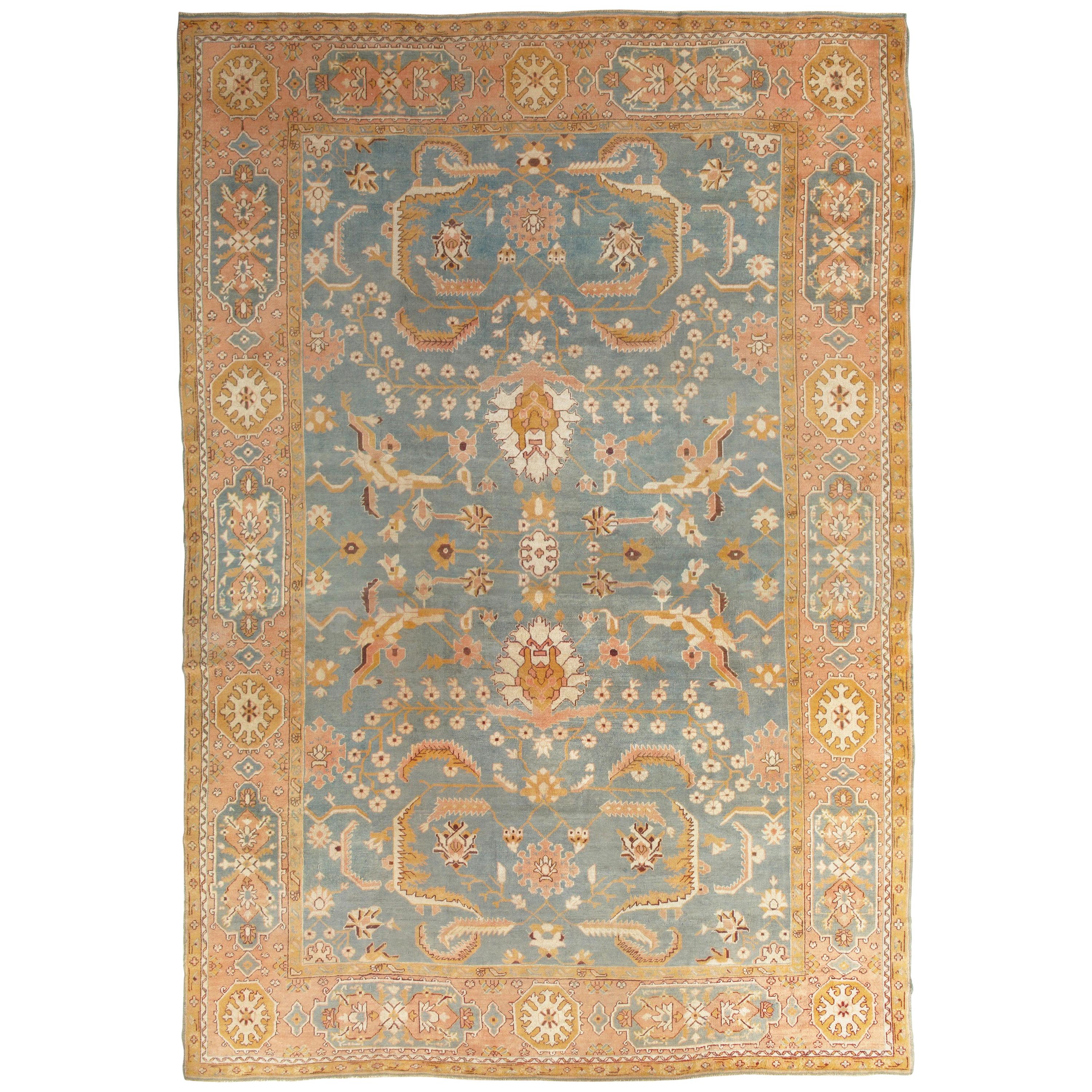 Antique Oushak Carpet, Oriental Rug, Handmade Blue/Grey, Ivory, Peach