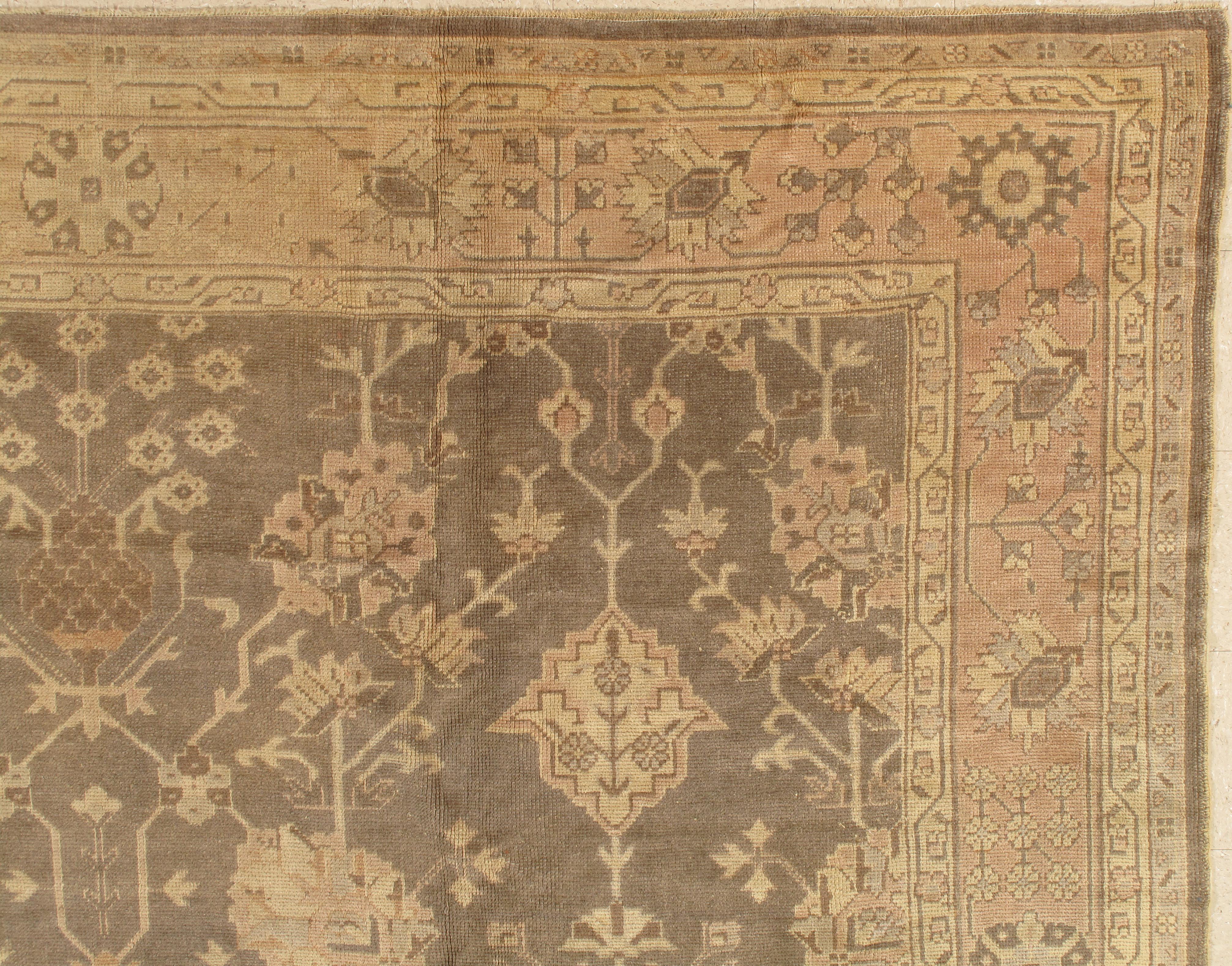 Turkish Antique Oushak Carpet, Oriental Rug, Handmade Grey, Muted Shrimp, Soft Creams For Sale