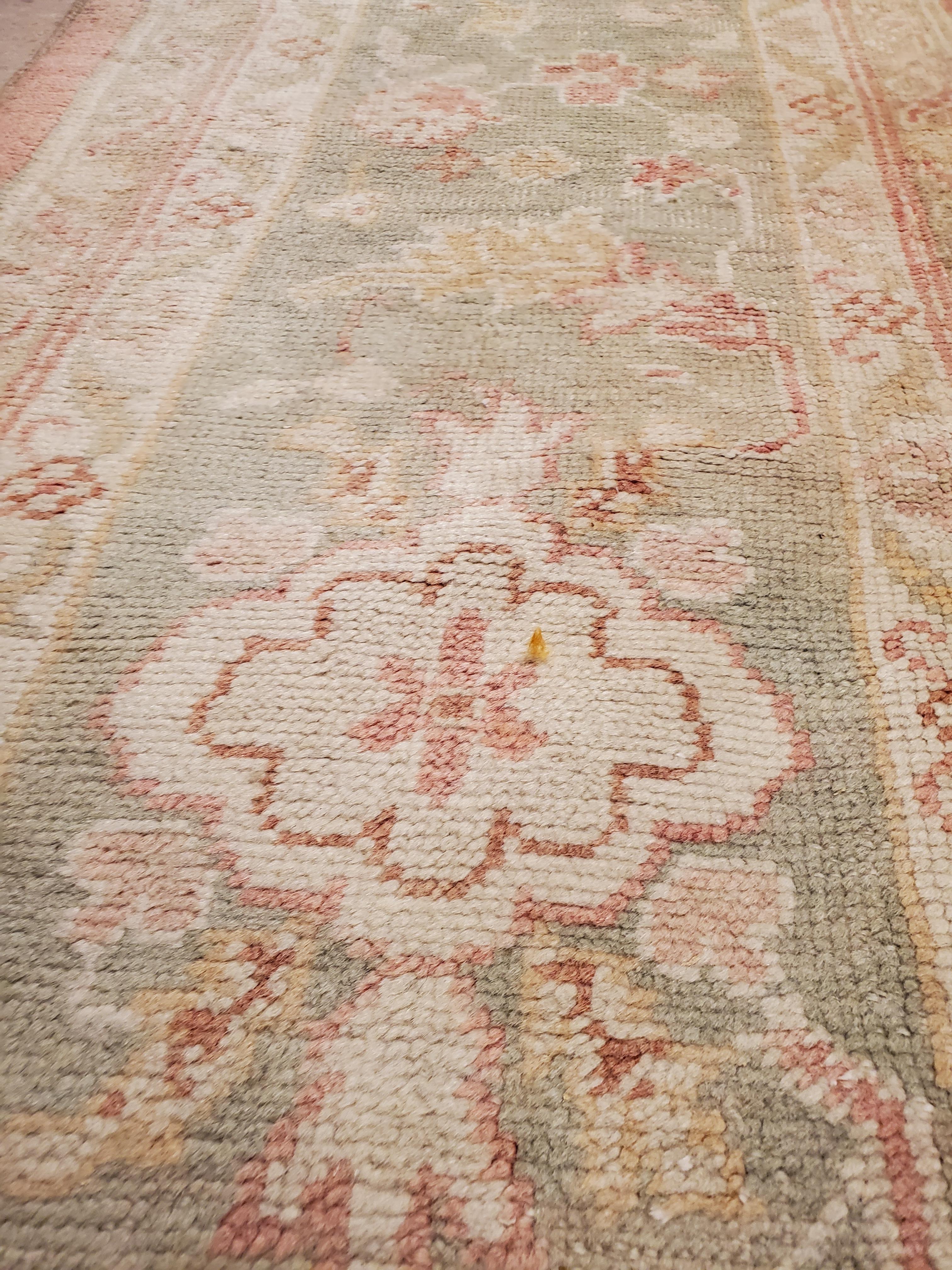 Wool Antique Oushak Carpet, Oriental Rug, Handmade Ivory, Muted Coral, Soft Green For Sale