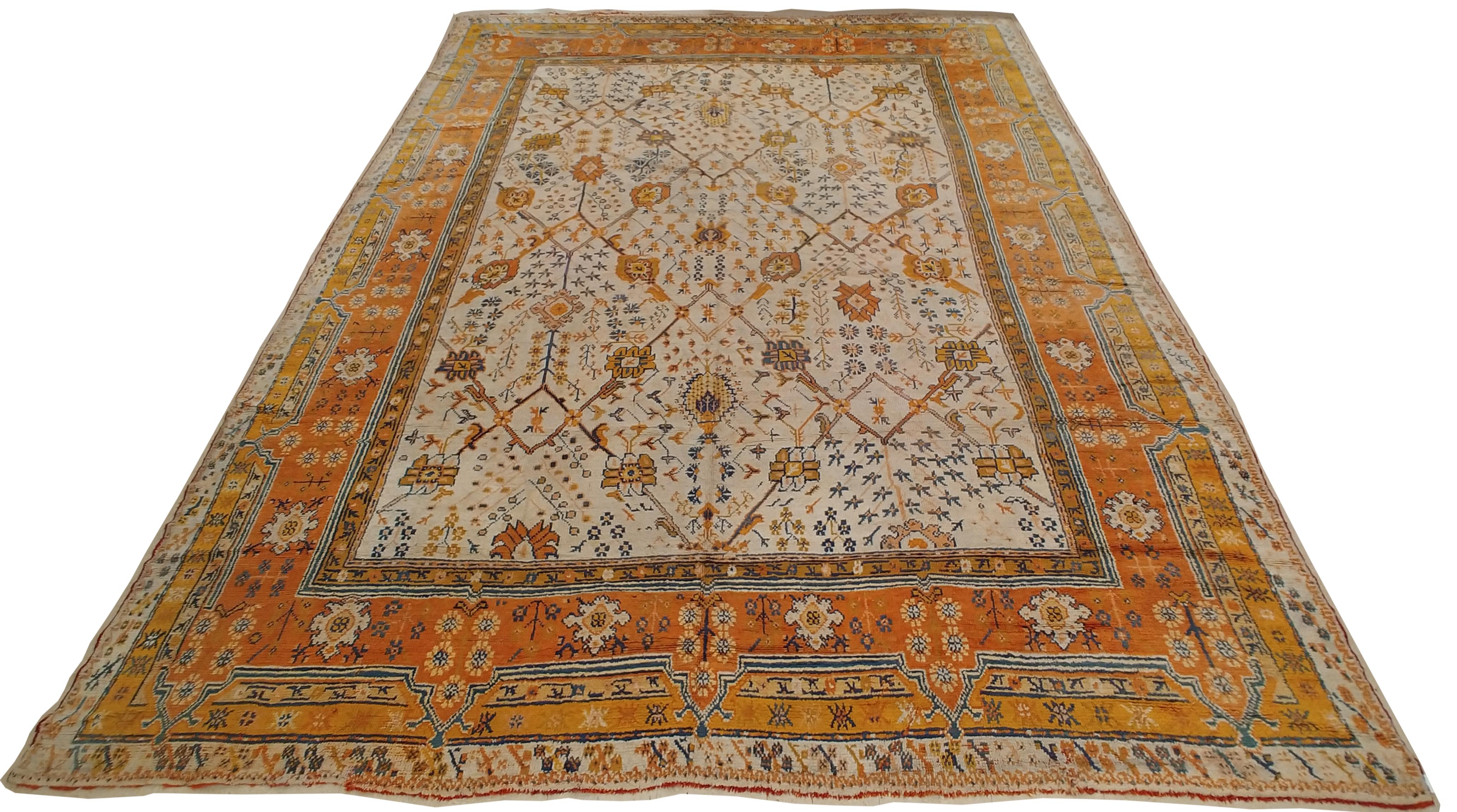 Antique Oushak Carpet, Oriental Rug, Handmade Ivory, Muted Orange, Soft Saffron For Sale 5
