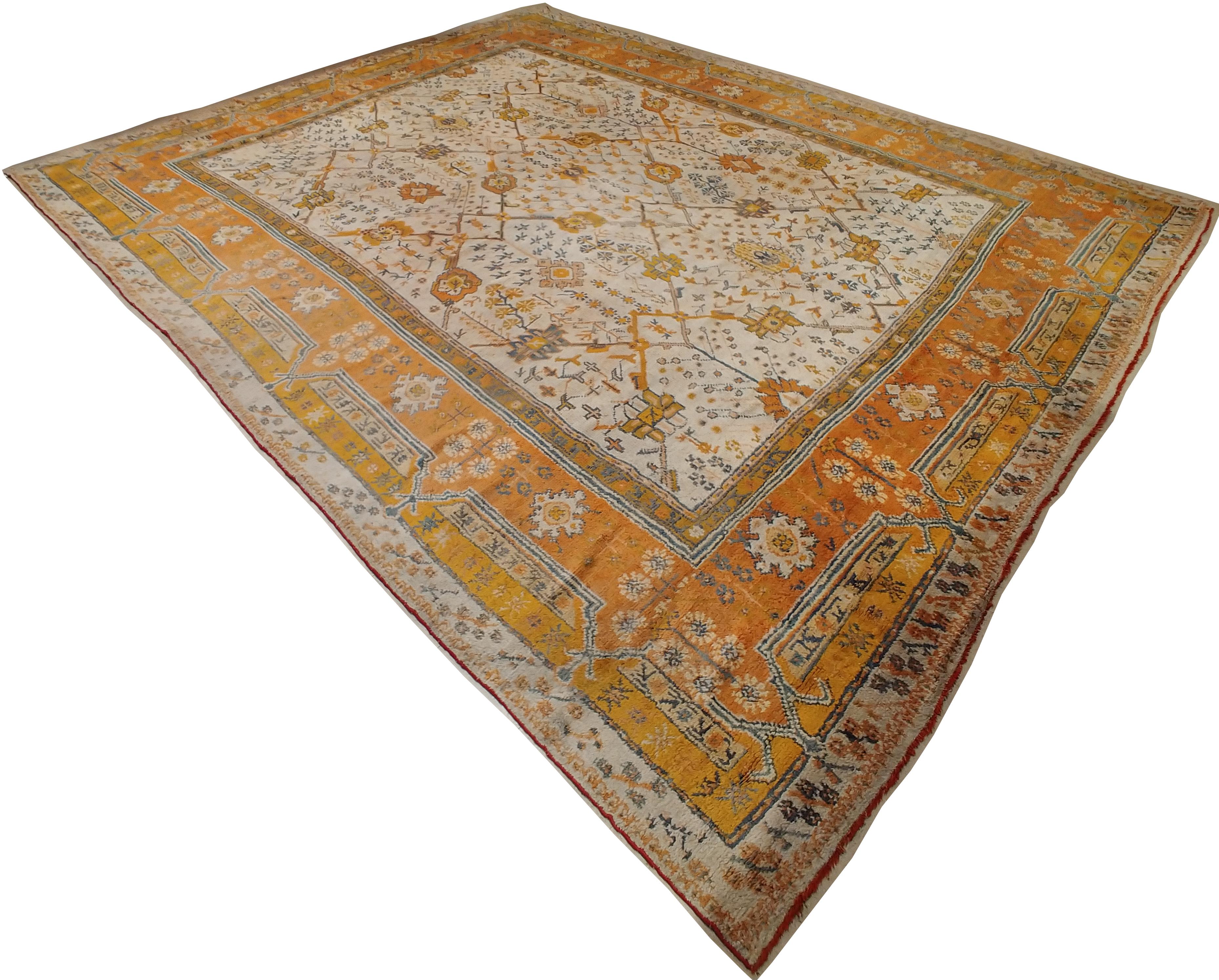 Antique Oushak Carpet, Oriental Rug, Handmade Ivory, Muted Orange, Soft Saffron For Sale 6