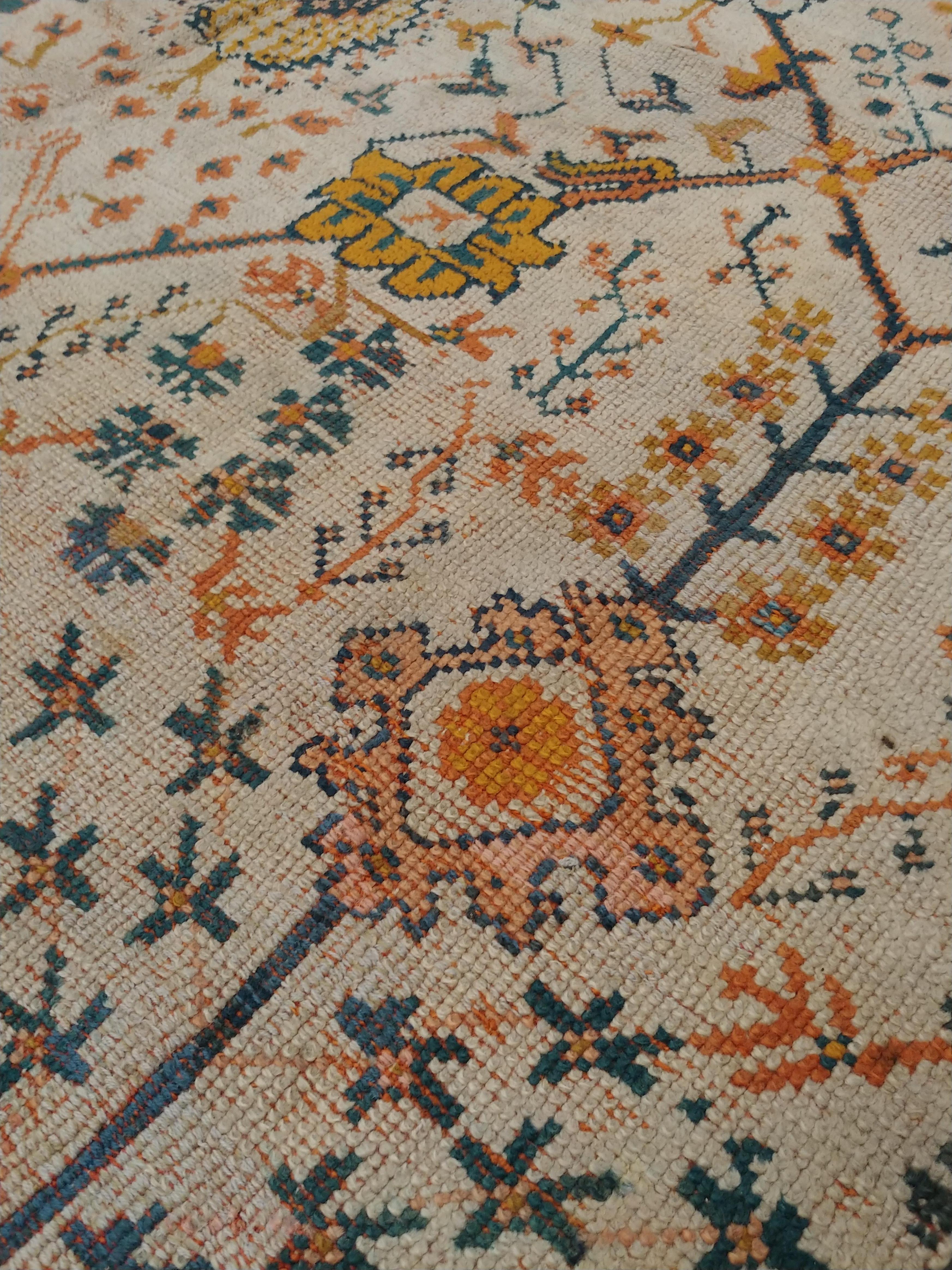 19th Century Antique Oushak Carpet, Oriental Rug, Handmade Ivory, Muted Orange, Soft Saffron For Sale