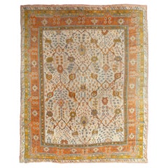 Antiker antiker Oushak-Teppich, Orientteppich, handgefertigt, elfenbeinfarben, orange, safranfarben