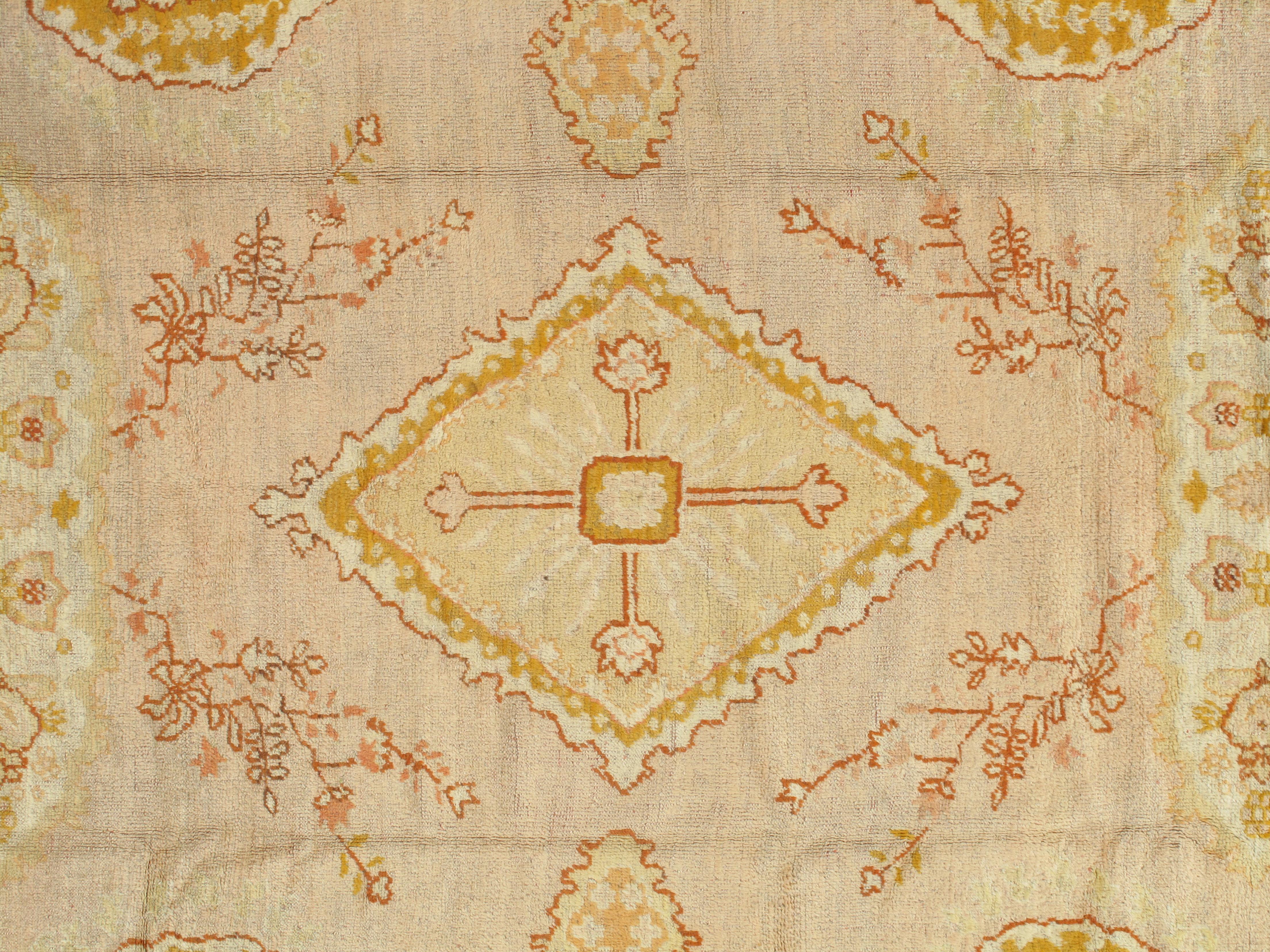 Antique Oushak Carpet, Oriental Rug, Handmade Ivory, Muted Shrimp, Soft Saffron 3