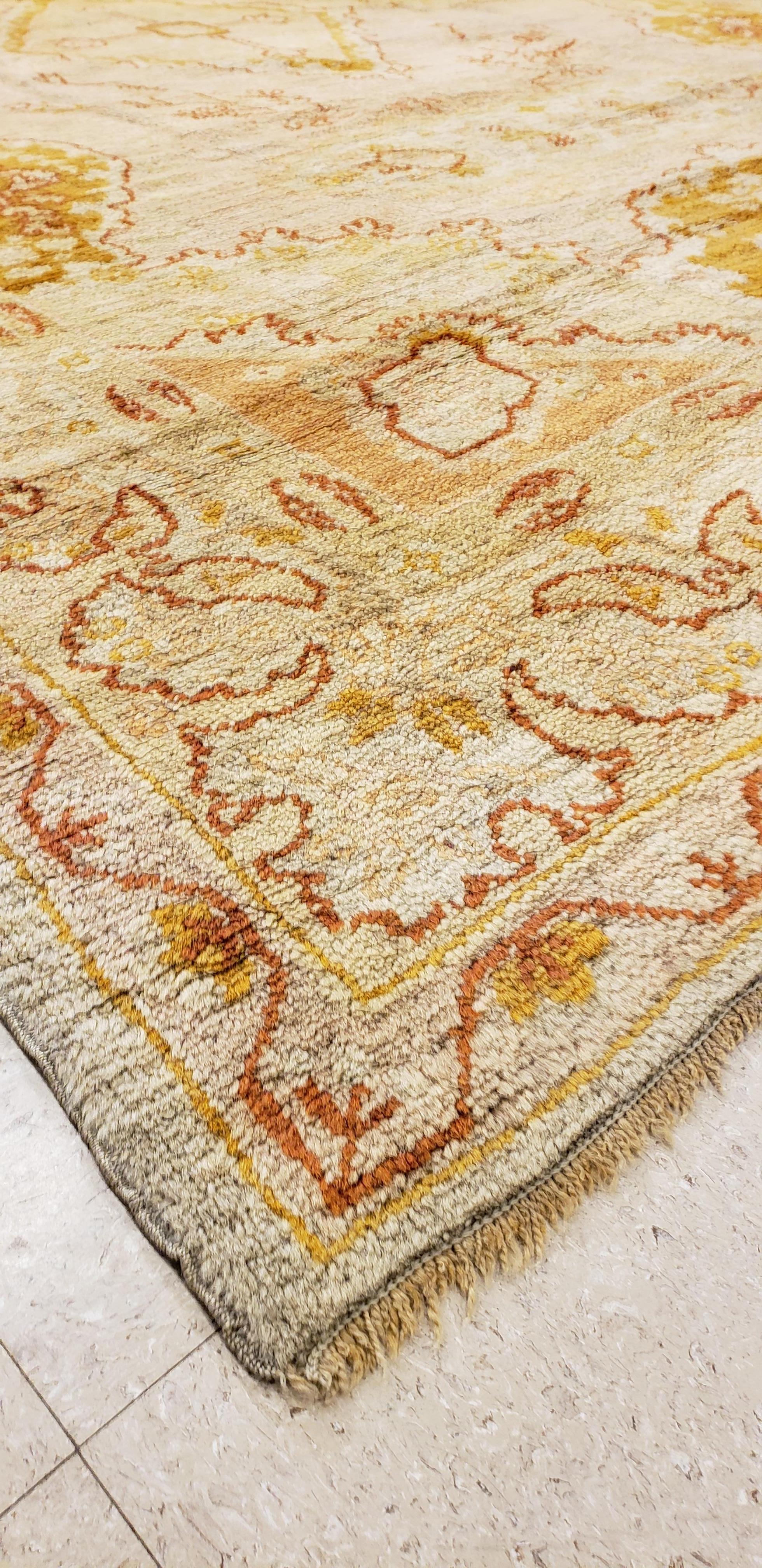 Antique Oushak Carpet, Oriental Rug, Handmade Ivory, Muted Shrimp, Soft Saffron 4