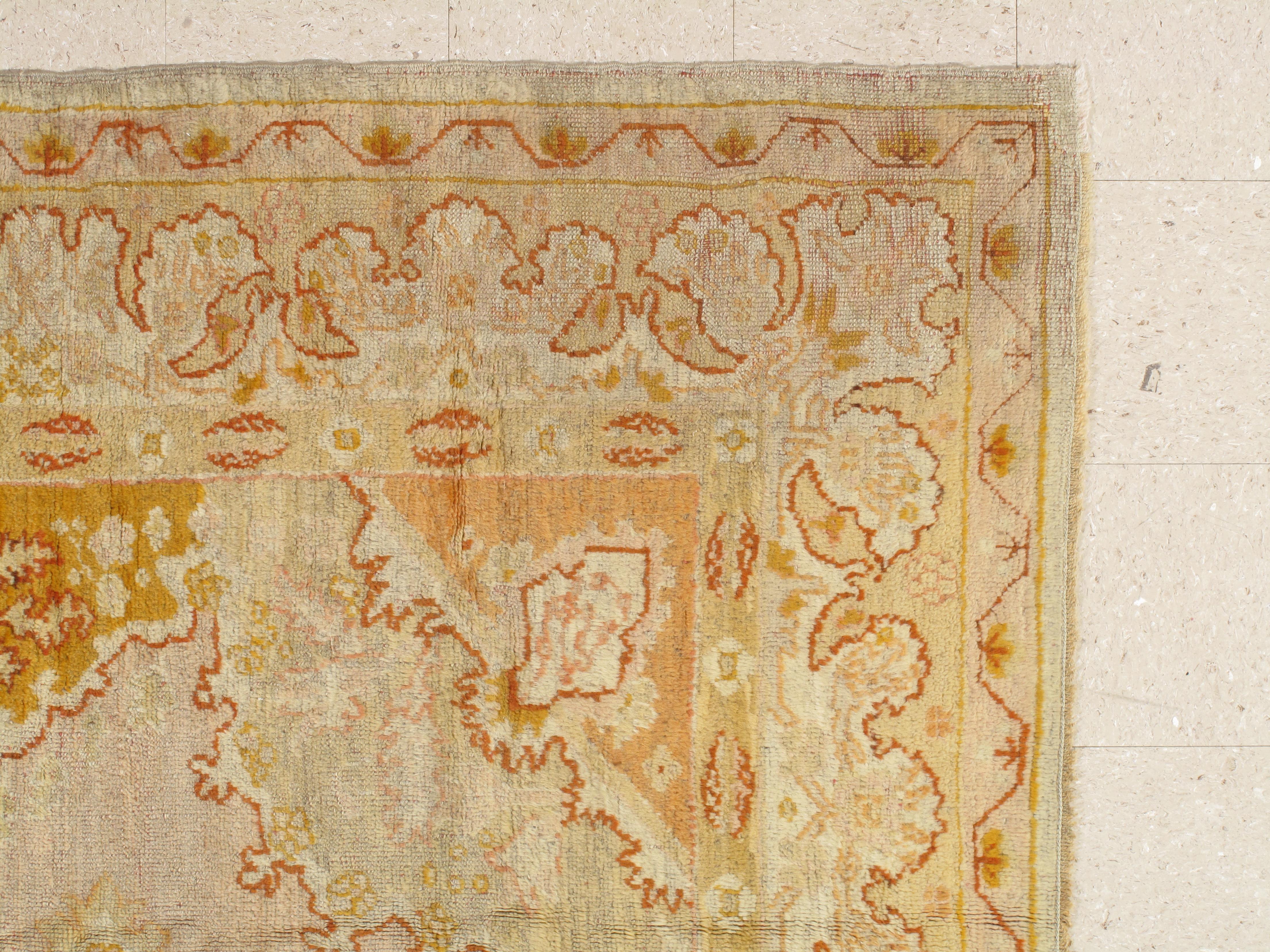 Antique Oushak Carpet, Oriental Rug, Handmade Ivory, Muted Shrimp, Soft Saffron 5