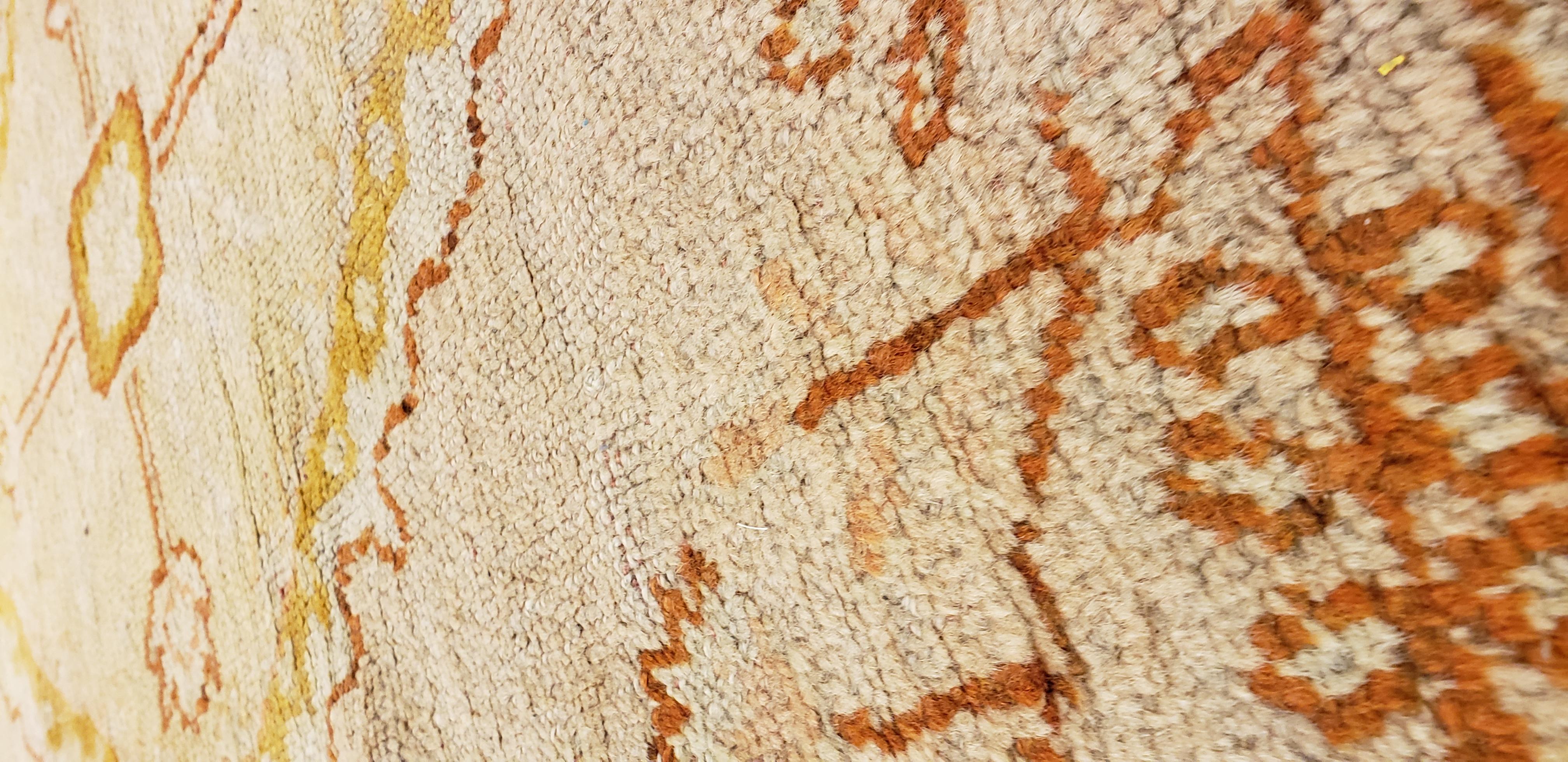 Antique Oushak Carpet, Oriental Rug, Handmade Ivory, Muted Shrimp, Soft Saffron 6