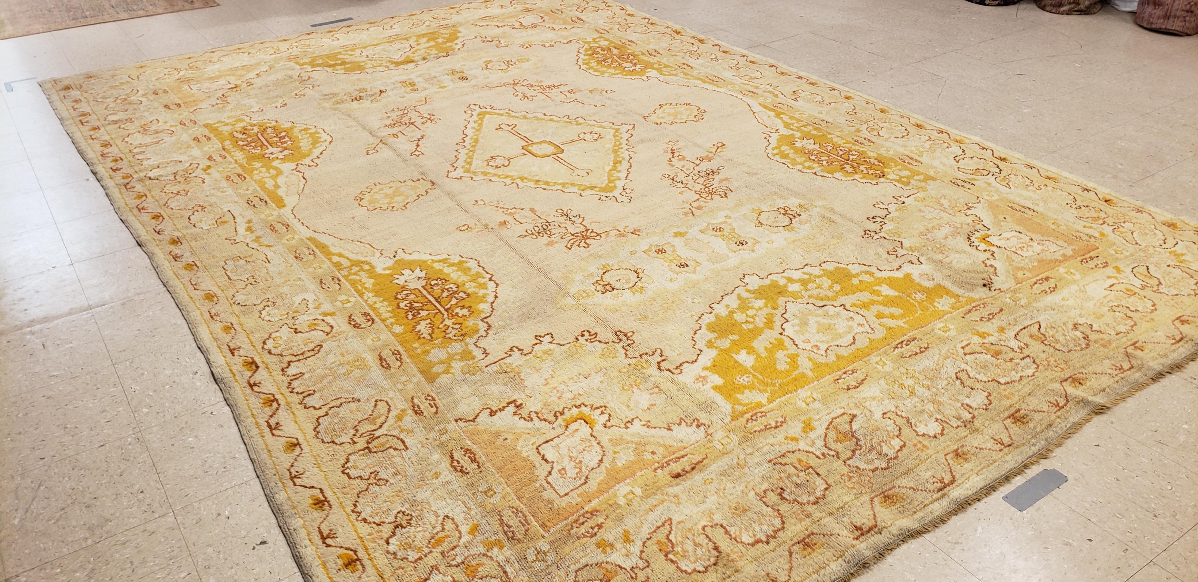 Antique Oushak Carpet, Oriental Rug, Handmade Ivory, Muted Shrimp, Soft Saffron 7