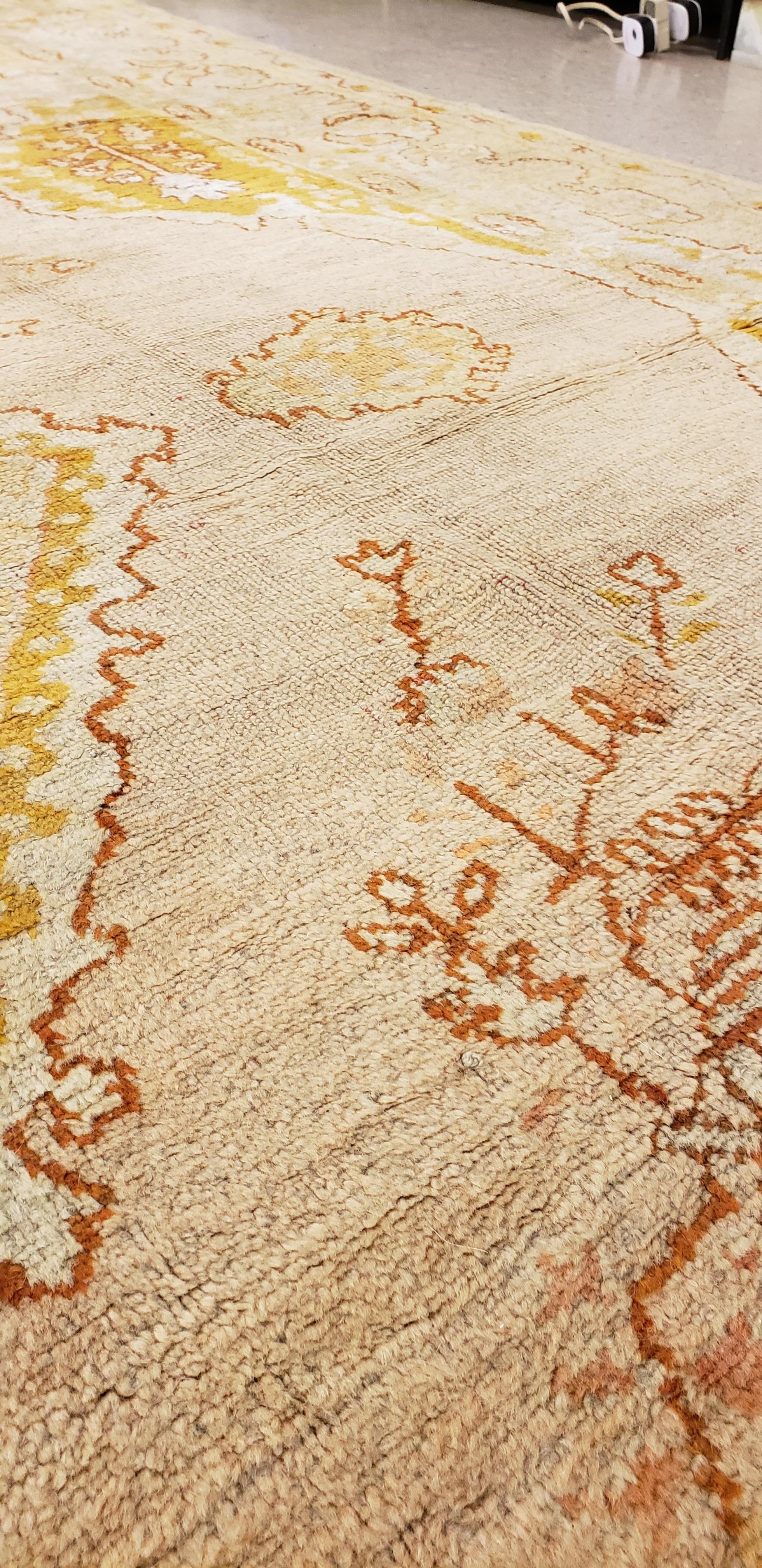 Hand-Knotted Antique Oushak Carpet, Oriental Rug, Handmade Ivory, Muted Shrimp, Soft Saffron