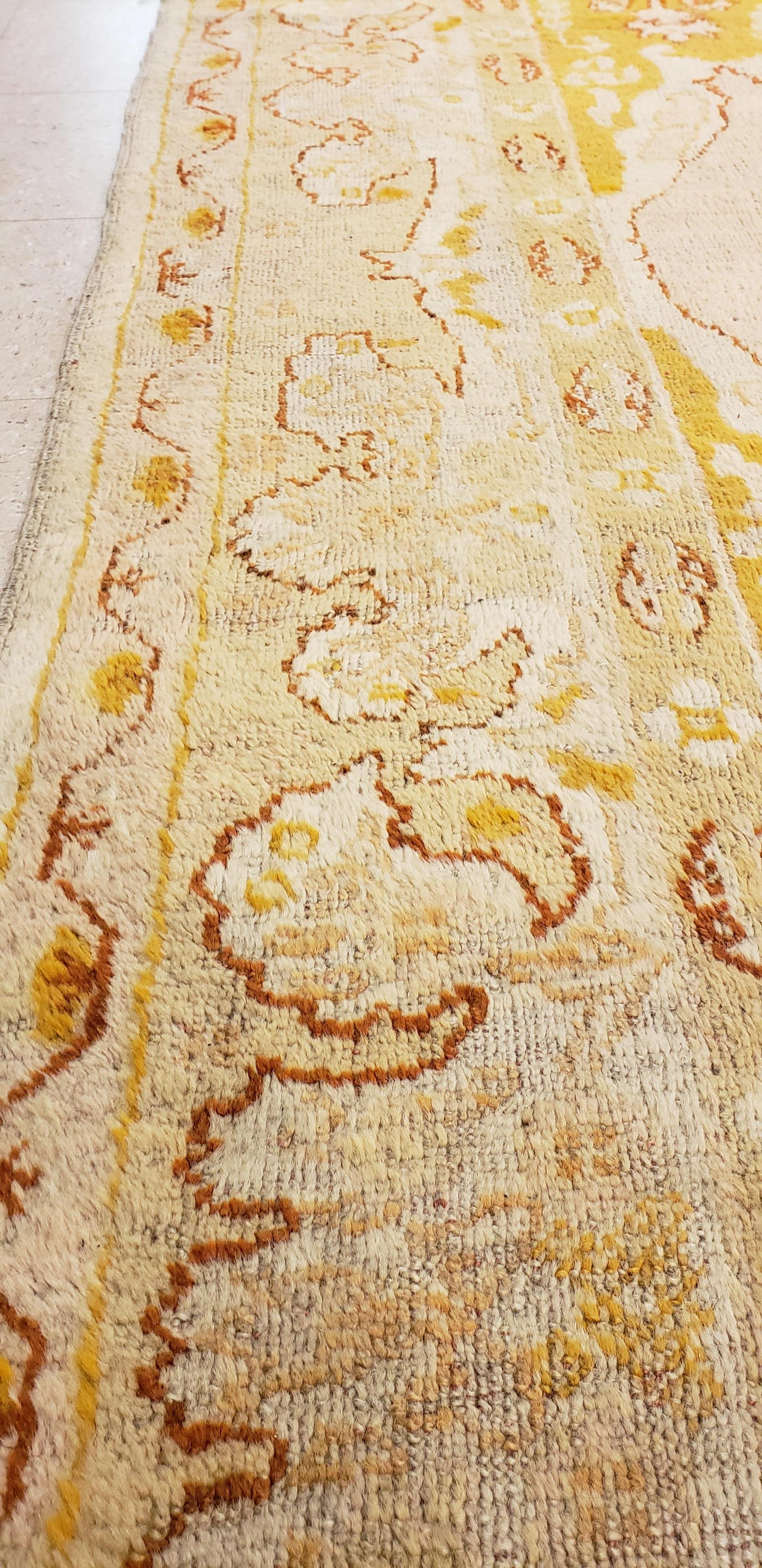 20th Century Antique Oushak Carpet, Oriental Rug, Handmade Ivory, Muted Shrimp, Soft Saffron