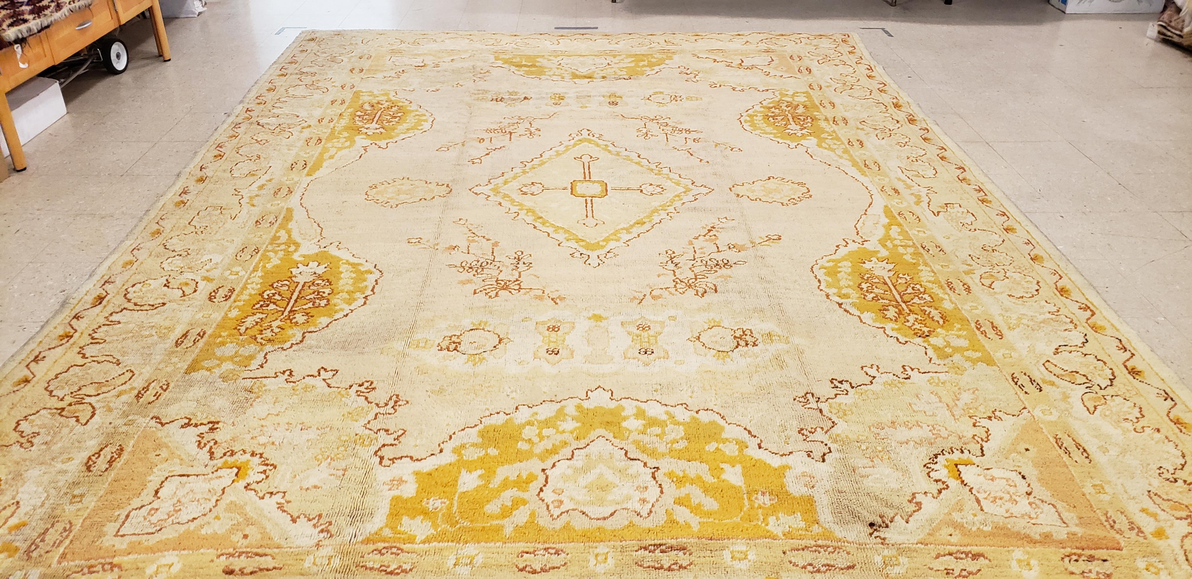 Antique Oushak Carpet, Oriental Rug, Handmade Ivory, Muted Shrimp, Soft Saffron 2