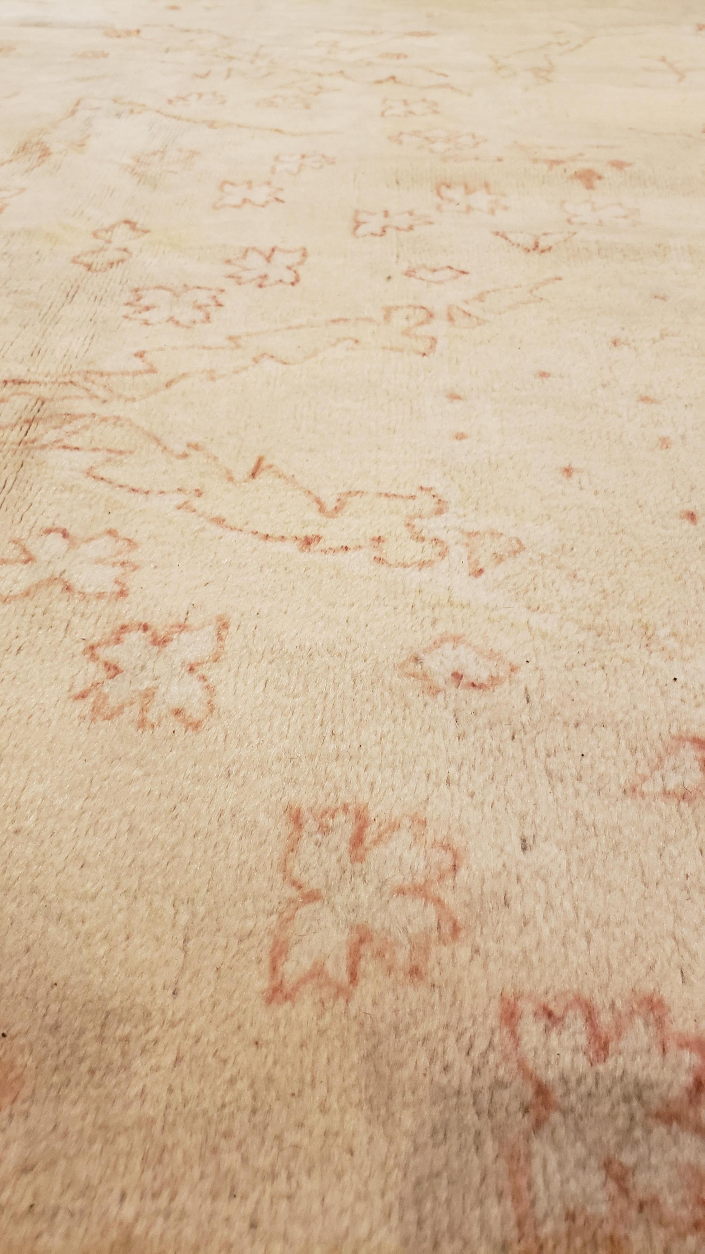 Antiker antiker Oushak-Teppich, Orientteppich, handgefertigter Teppich Blassschrein, weiche Koralle, Creme im Angebot 8