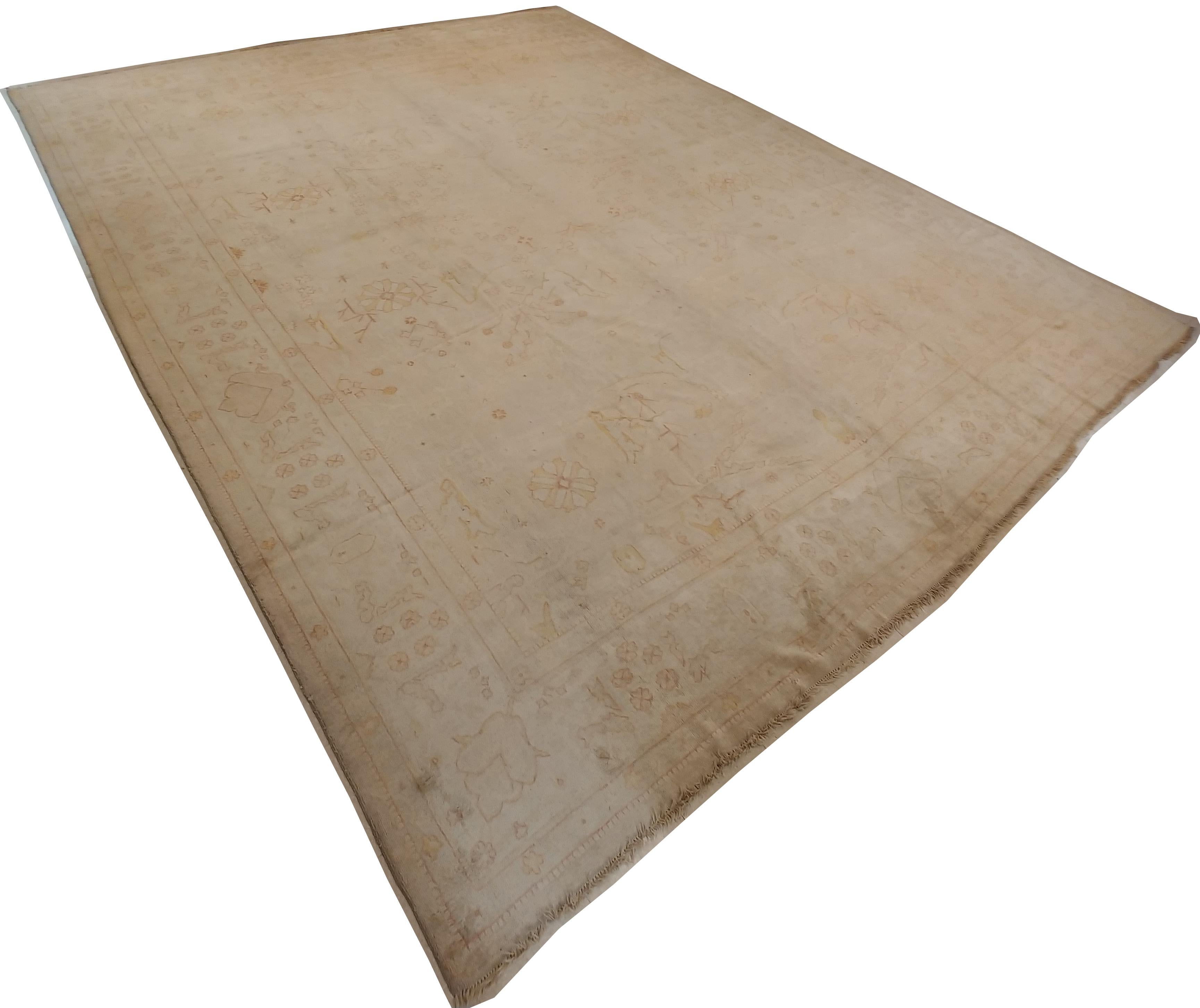 19th Century Antique Oushak Carpet, Oriental Rug, Handmade Rug Pale Shrimp, Soft Coral, Cream For Sale