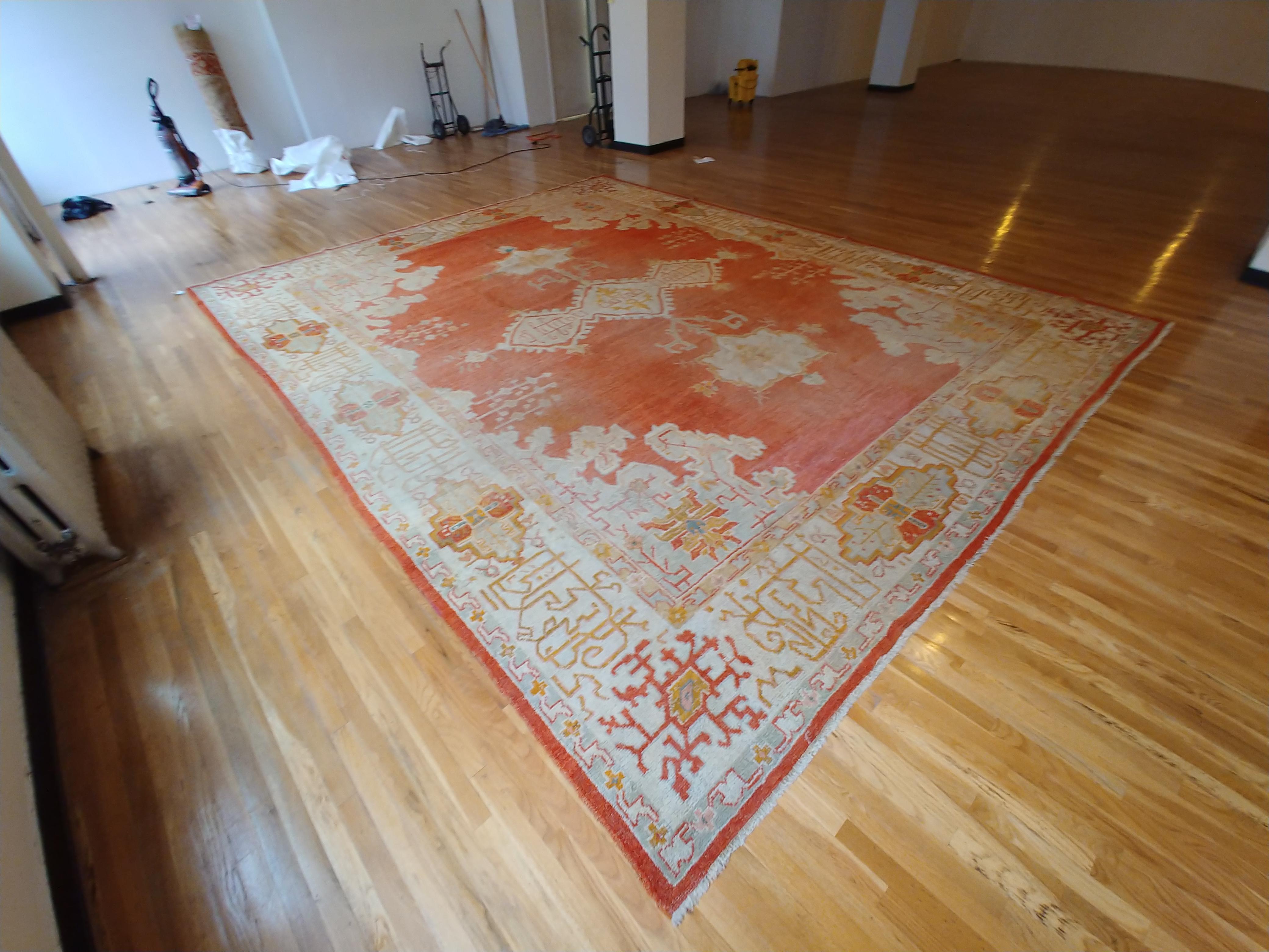 Antique Oushak Carpet, Oriental Rug, Handmade Rug Saffron, Light Blue and Coral For Sale 3