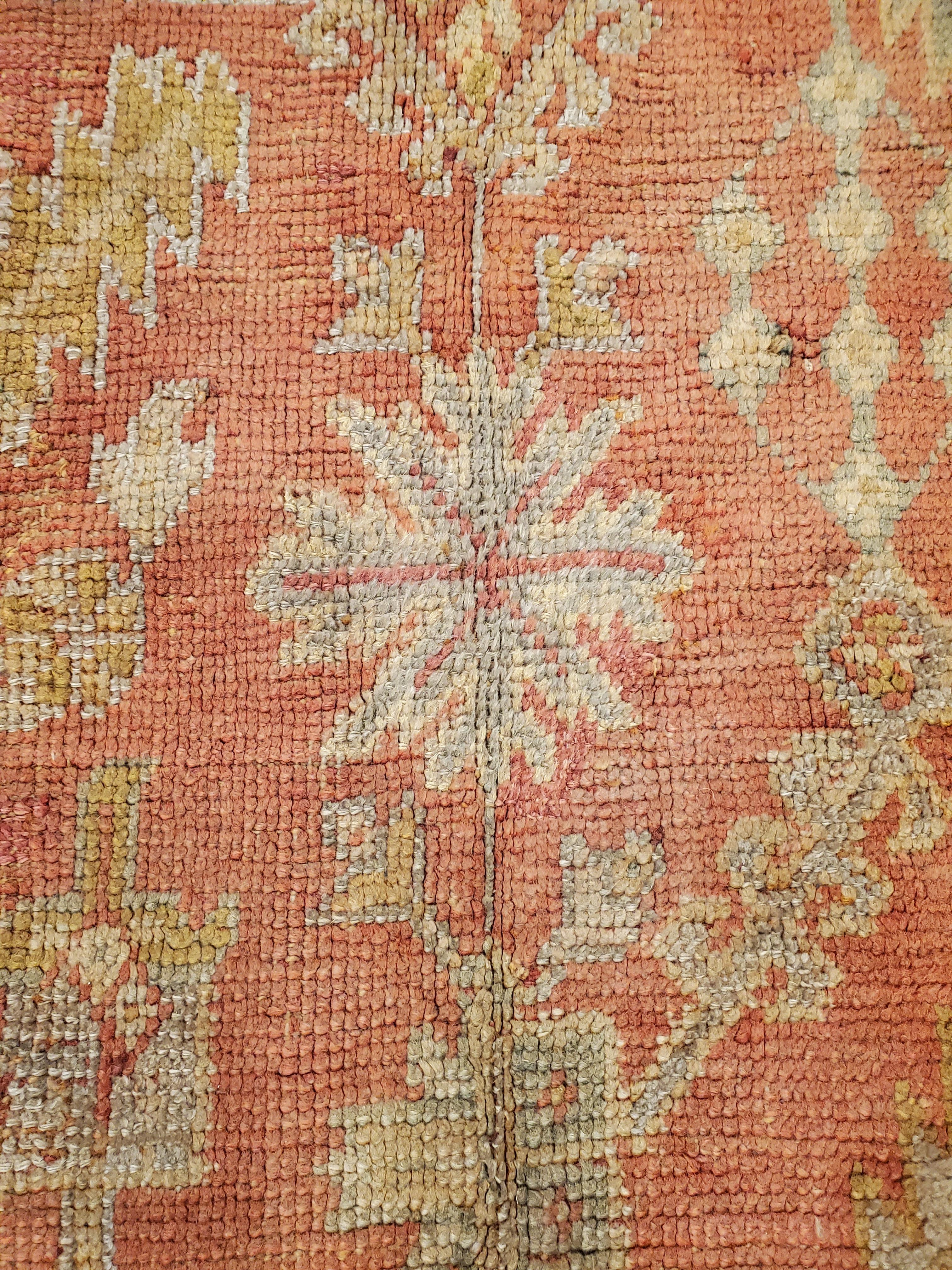 Antique Oushak Carpet, Oriental Rug, Handmade Rug Saffron, Light Blue and Coral For Sale 3