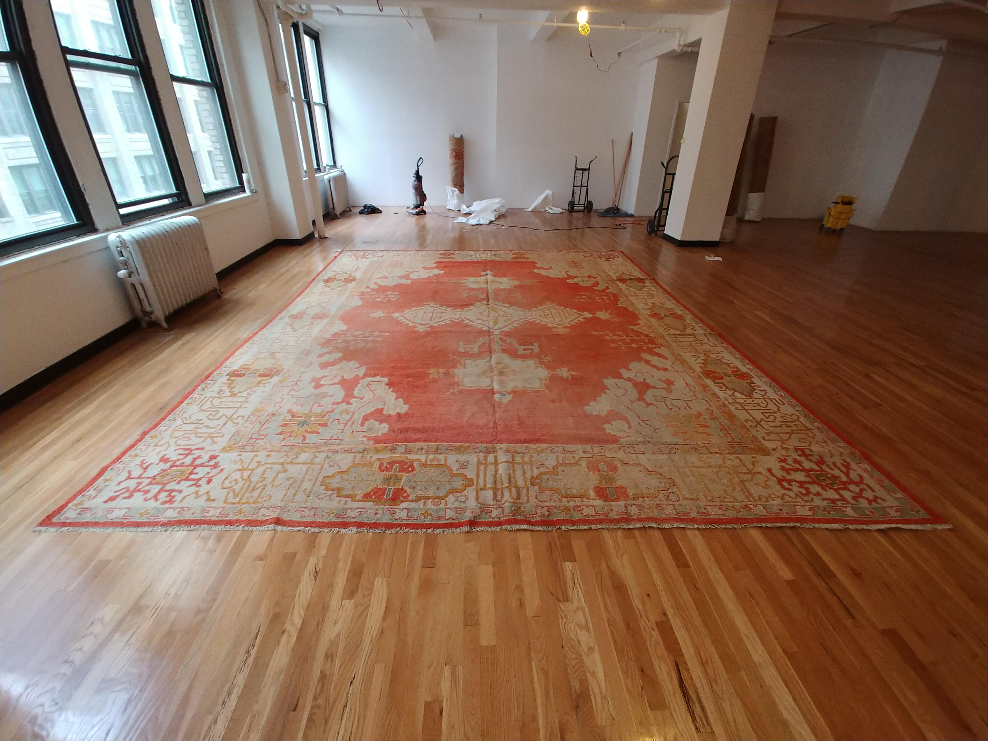 Antique Oushak Carpet, Oriental Rug, Handmade Rug Saffron, Light Blue and Coral For Sale 4