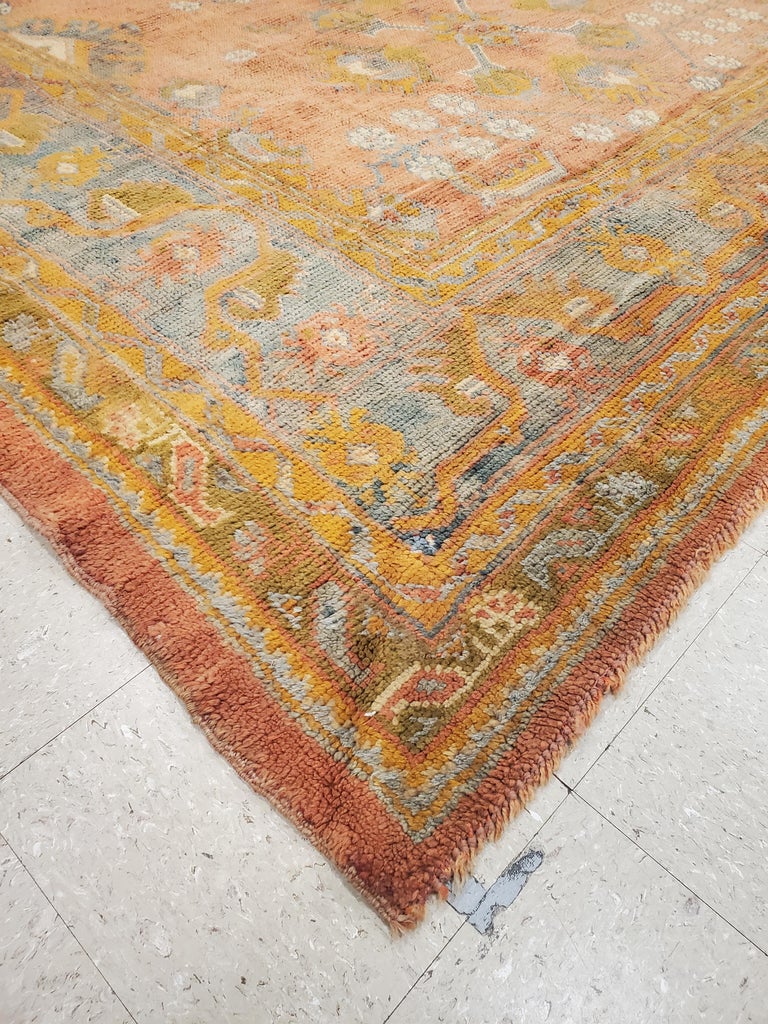 Antique Oushak Carpet, Oriental Rug, Handmade Rug Saffron, Light Blue and Coral For Sale at 1stDibs