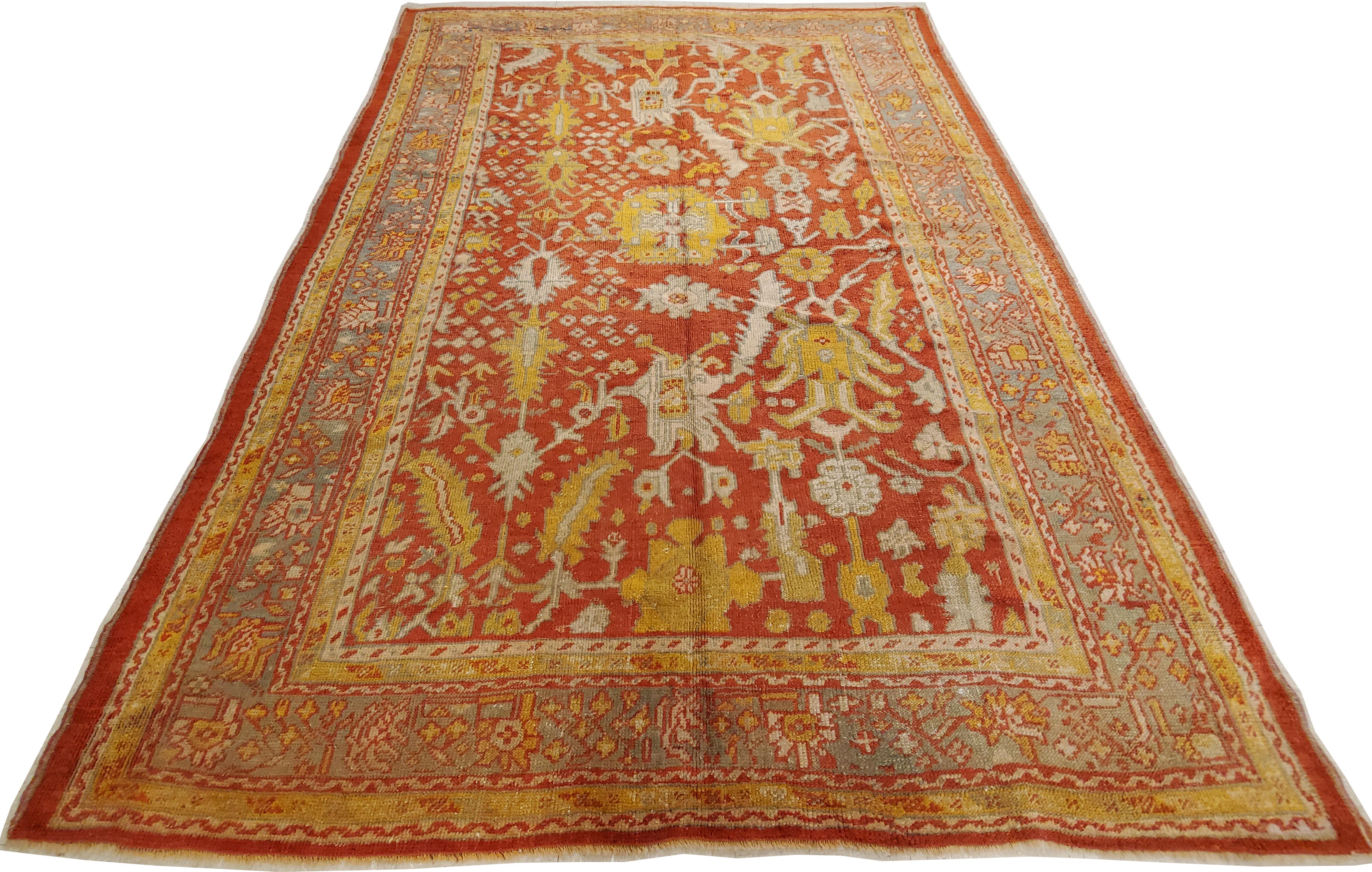 Tapis oriental antique Oushak, tapis fait à la main Saffron, bleu clair et corail en vente 4
