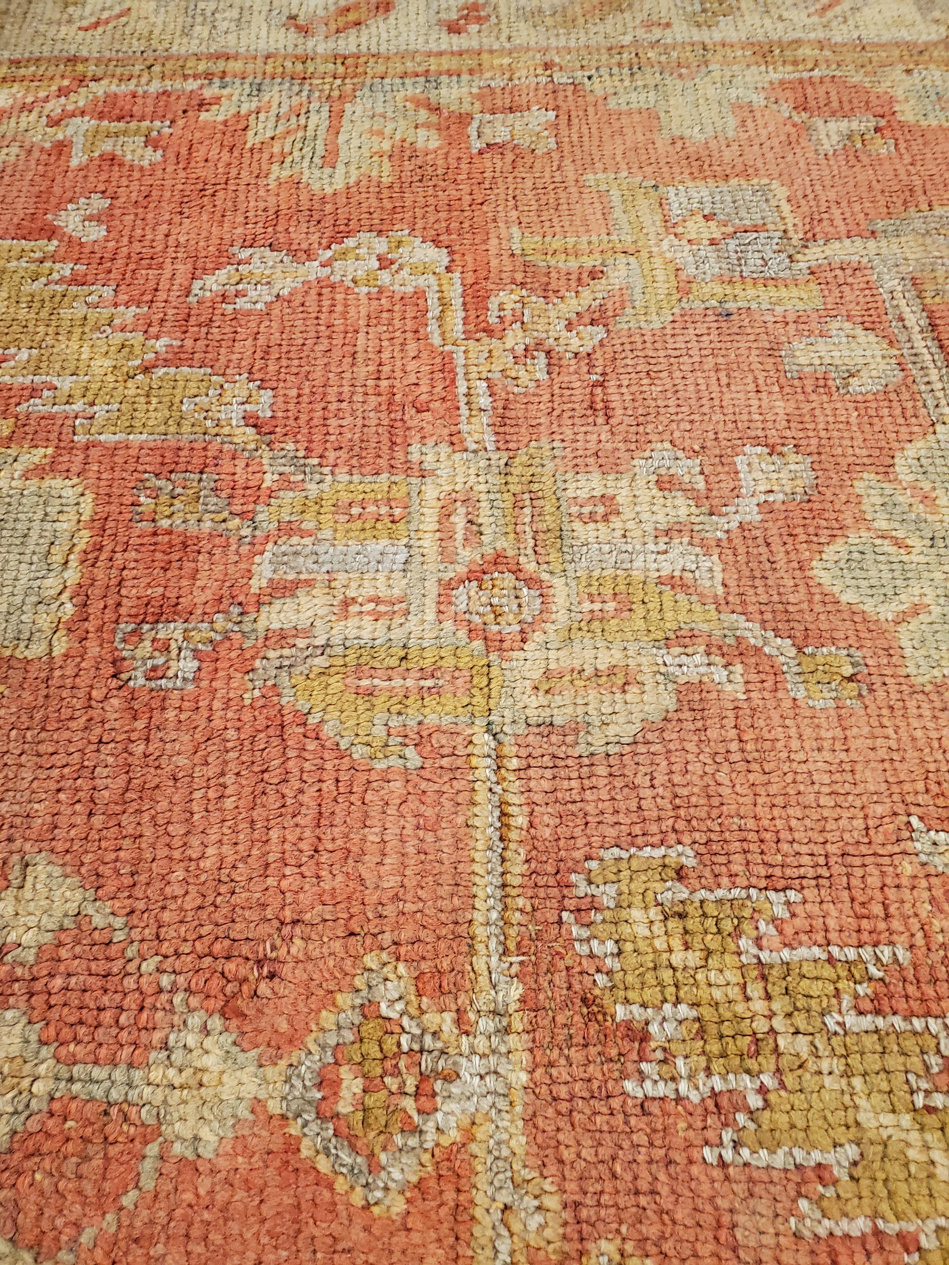 Antique Oushak Carpet, Oriental Rug, Handmade Rug Saffron, Light Blue and Coral For Sale 4