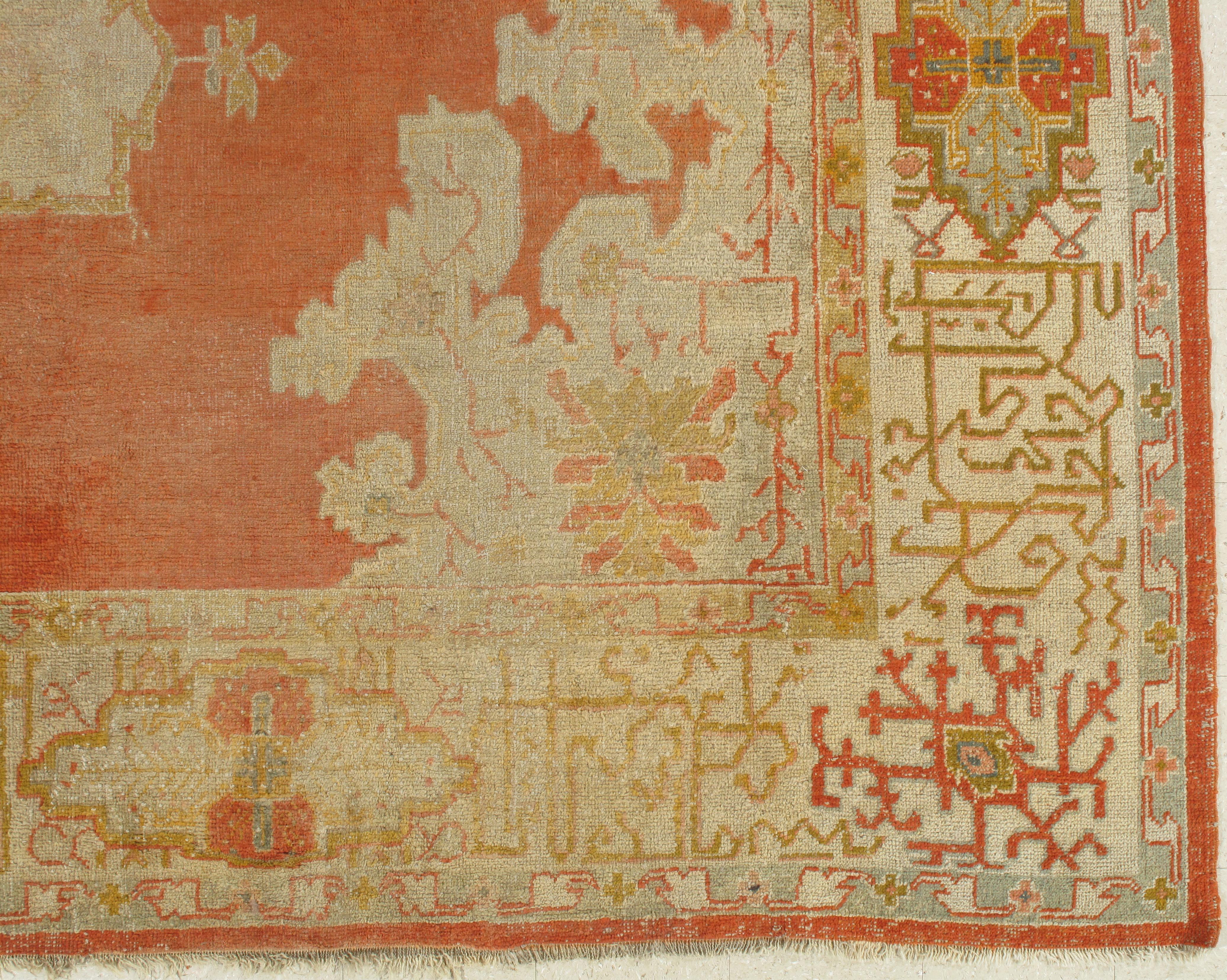Antique Oushak Carpet, Oriental Rug, Handmade Rug Saffron, Light Blue and Coral For Sale 5