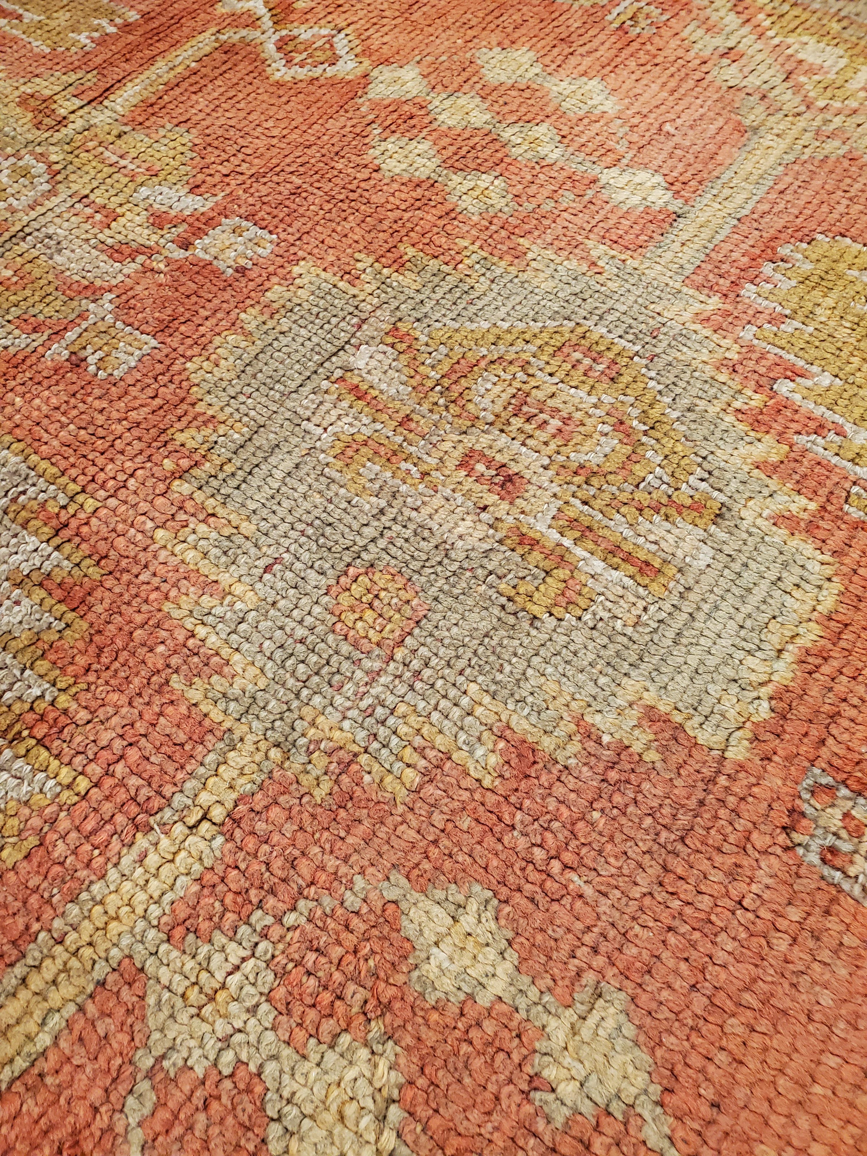 Antique Oushak Carpet, Oriental Rug, Handmade Rug Saffron, Light Blue and Coral For Sale 5