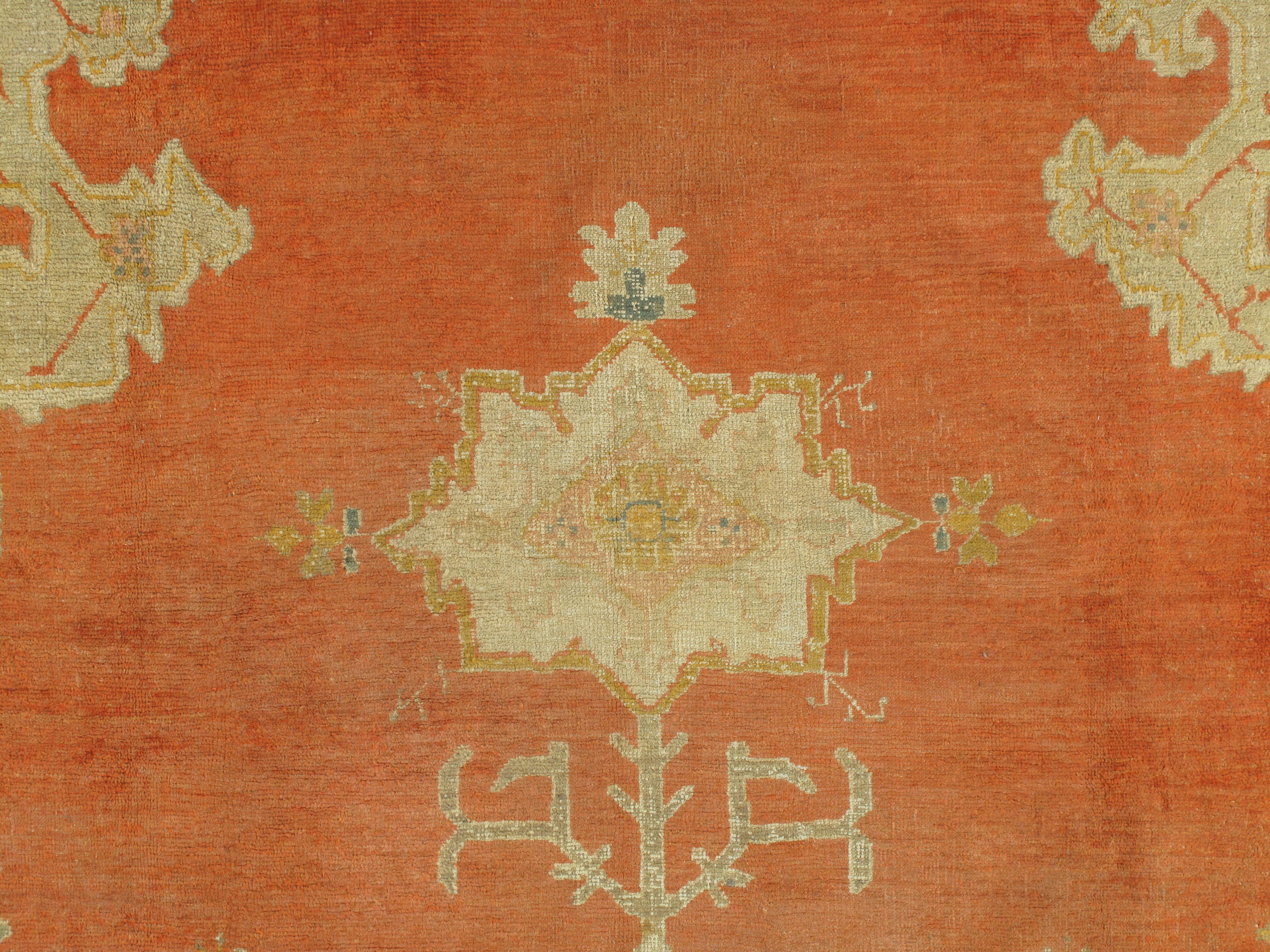 Antique Oushak Carpet, Oriental Rug, Handmade Rug Saffron, Light Blue and Coral For Sale 6