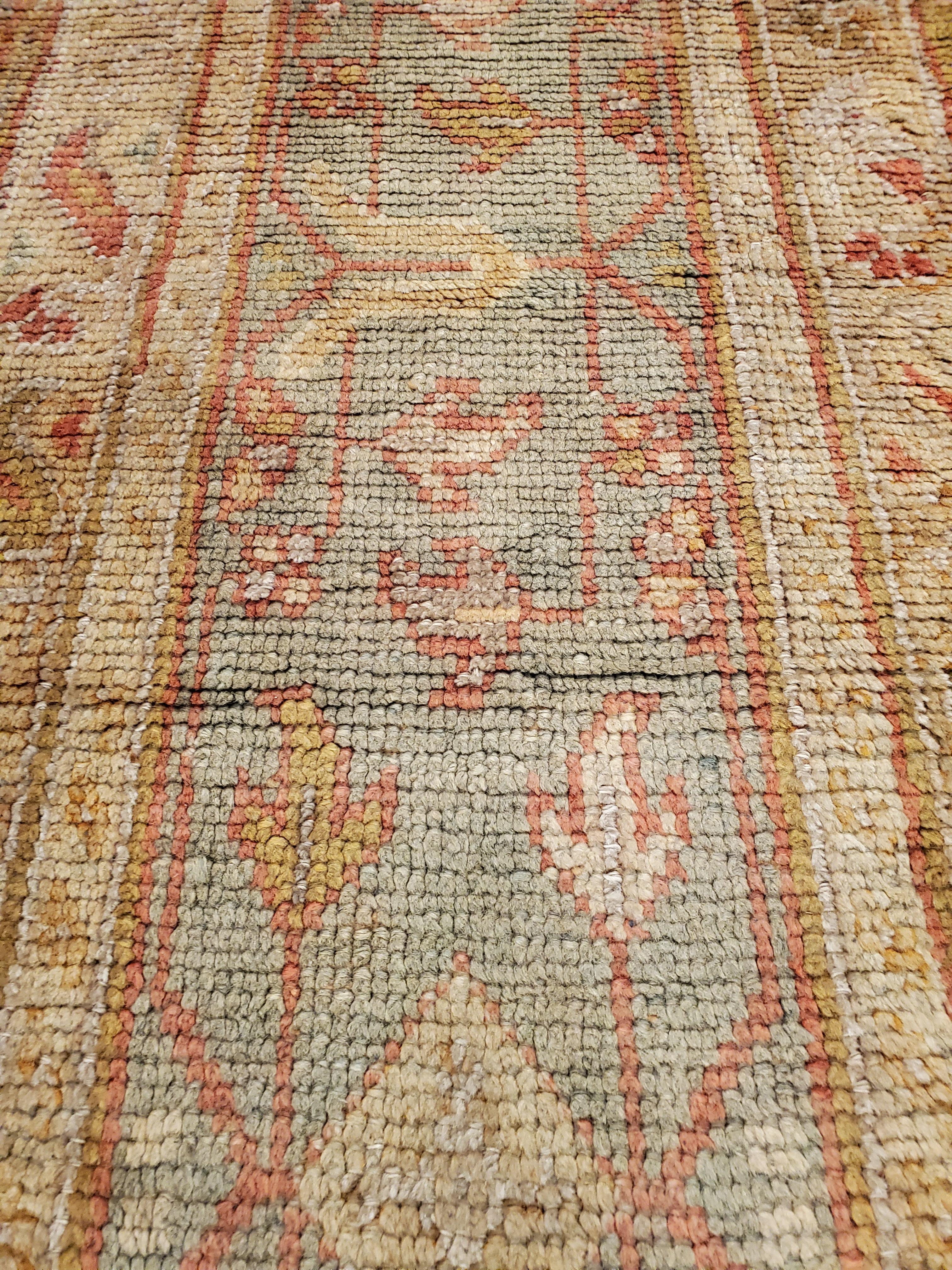 Antique Oushak Carpet, Oriental Rug, Handmade Rug Saffron, Light Blue and Coral For Sale 6