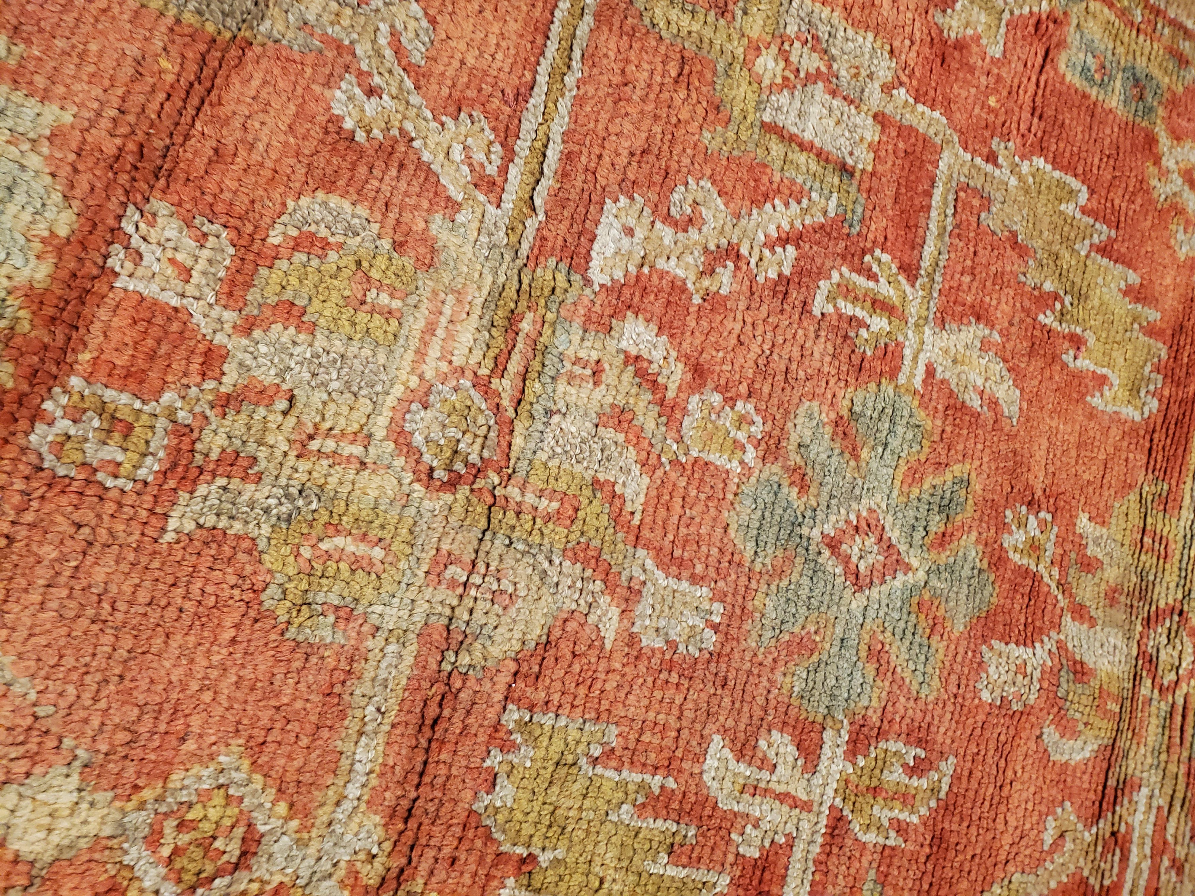 Antique Oushak Carpet, Oriental Rug, Handmade Rug Saffron, Light Blue and Coral For Sale 7