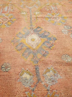 Antique Oushak Carpet, Oriental Rug, Handmade Rug Saffron, Light Blue and Coral