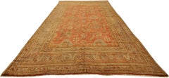 Antique Oushak Carpet, Oriental Rug, Handmade Rug Saffron, Light Blue and Coral