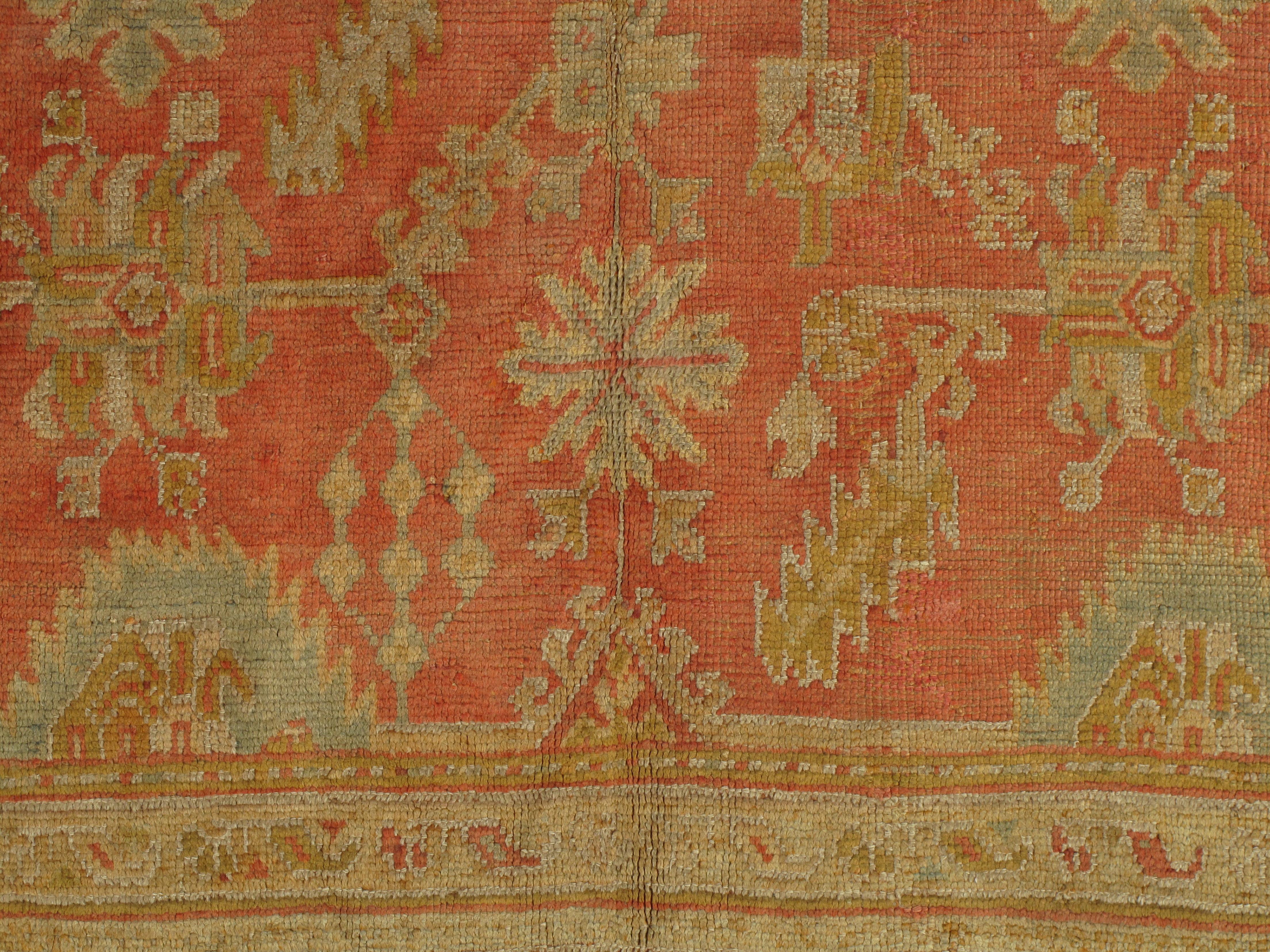 Turkish Antique Oushak Carpet, Oriental Rug, Handmade Rug Saffron, Light Blue and Coral For Sale