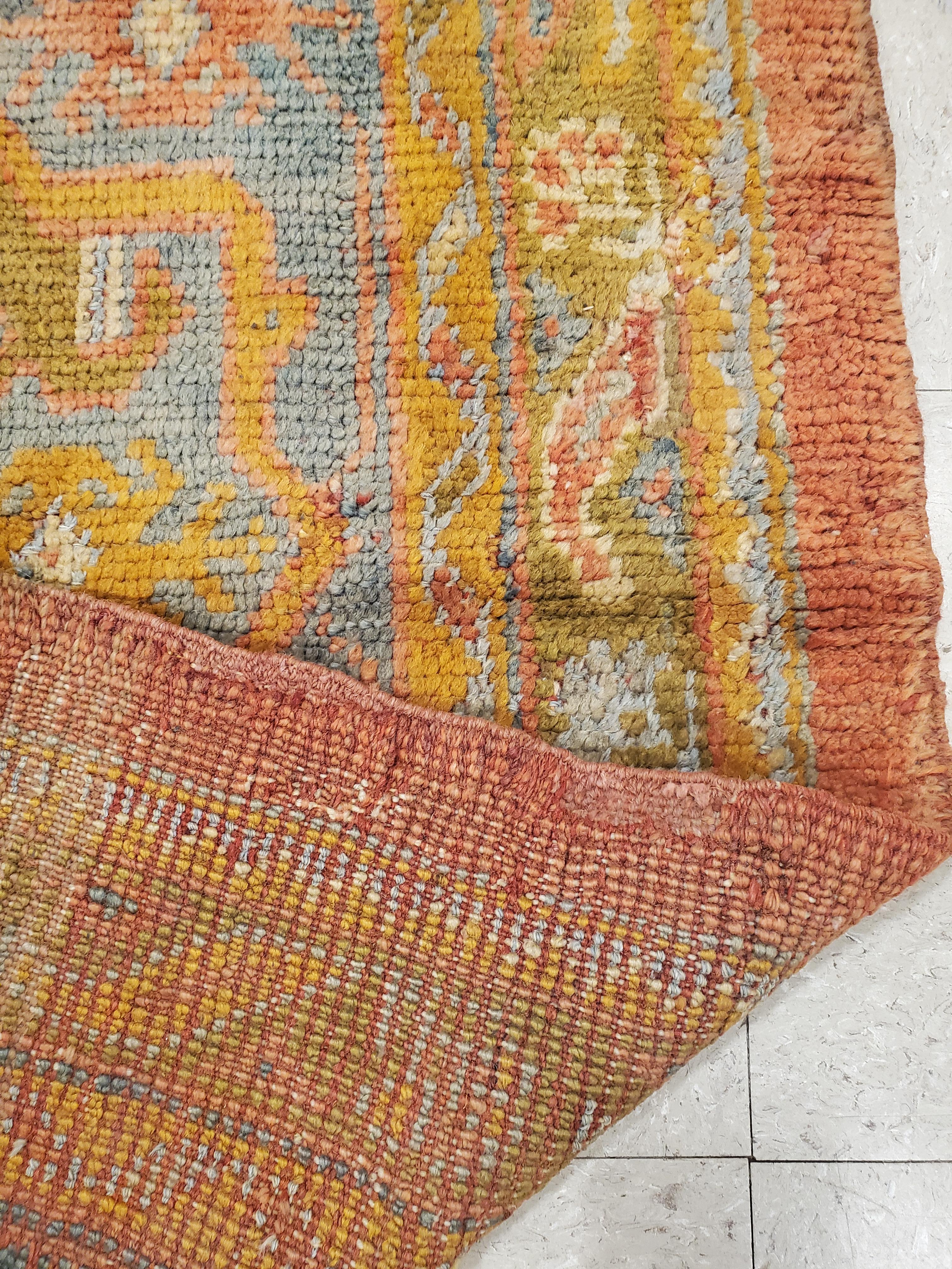 Hand-Knotted Antique Oushak Carpet, Oriental Rug, Handmade Rug Saffron, Light Blue and Coral For Sale