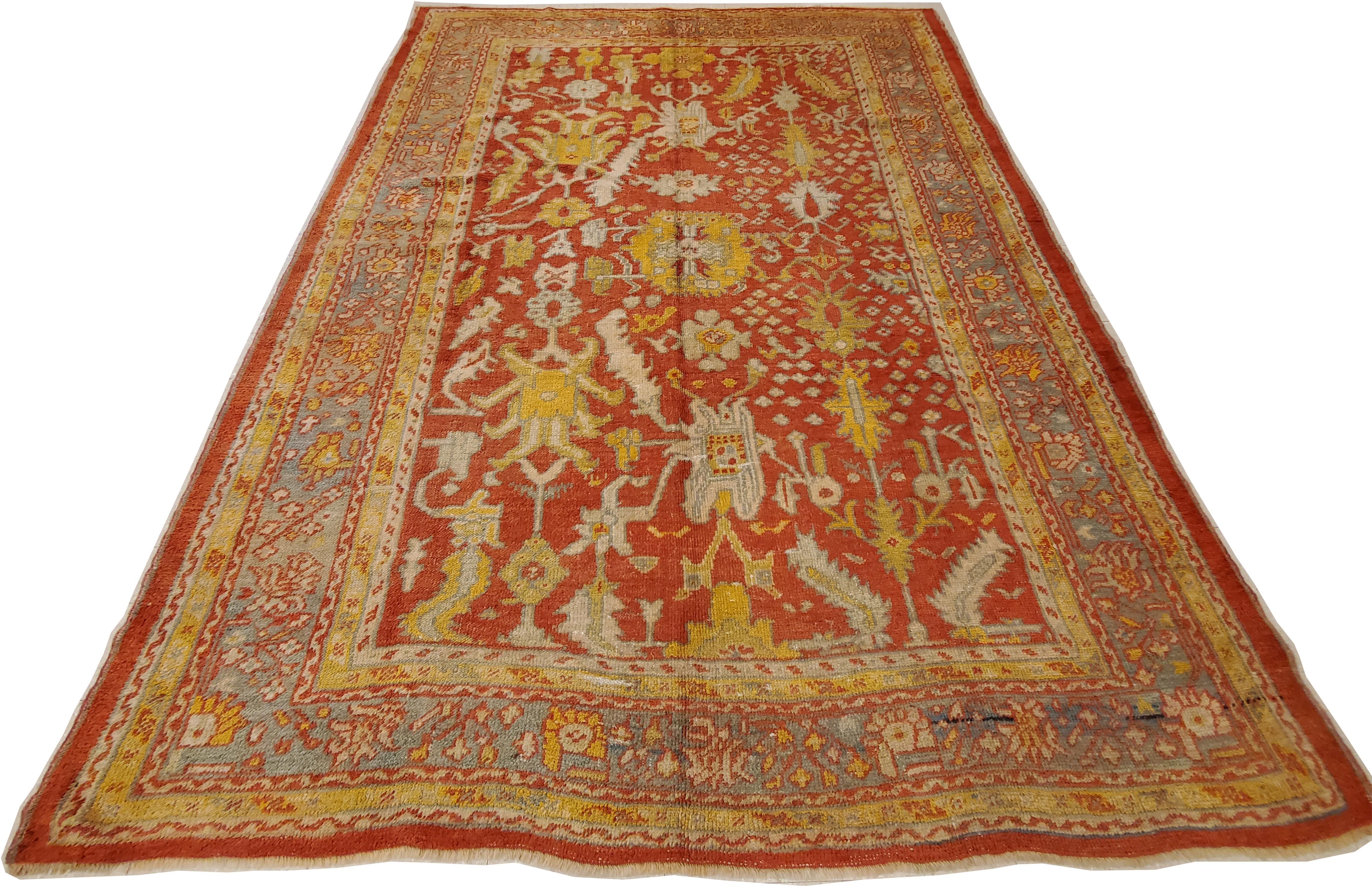 Antiker Oushak-Teppich, Orientteppich, handgefertigter Teppich, safranfarben, hellblau und Koralle (Handgeknüpft) im Angebot