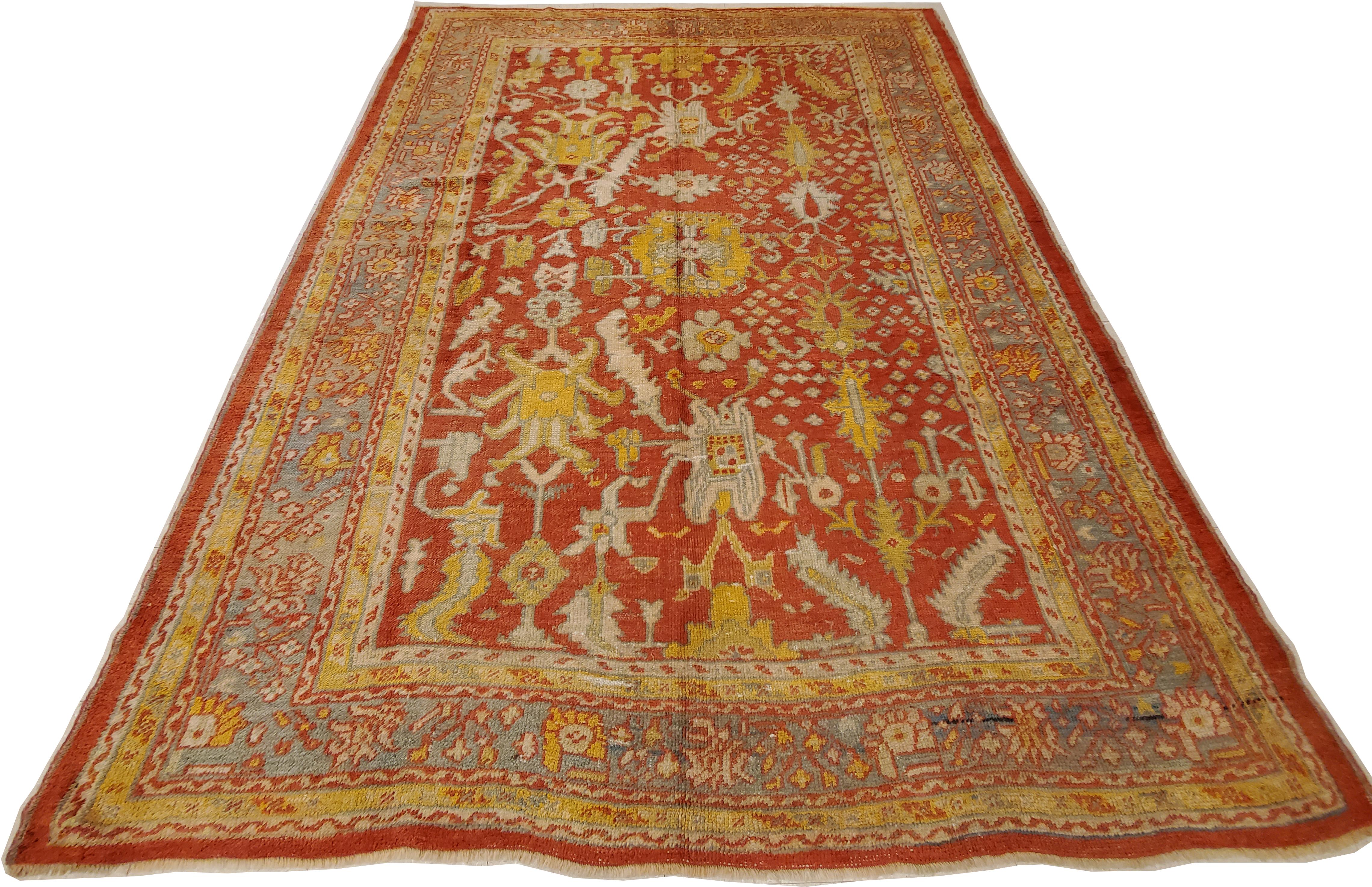 Hand-Knotted Antique Oushak Carpet, Oriental Rug, Handmade Rug Saffron, Light Blue and Coral For Sale