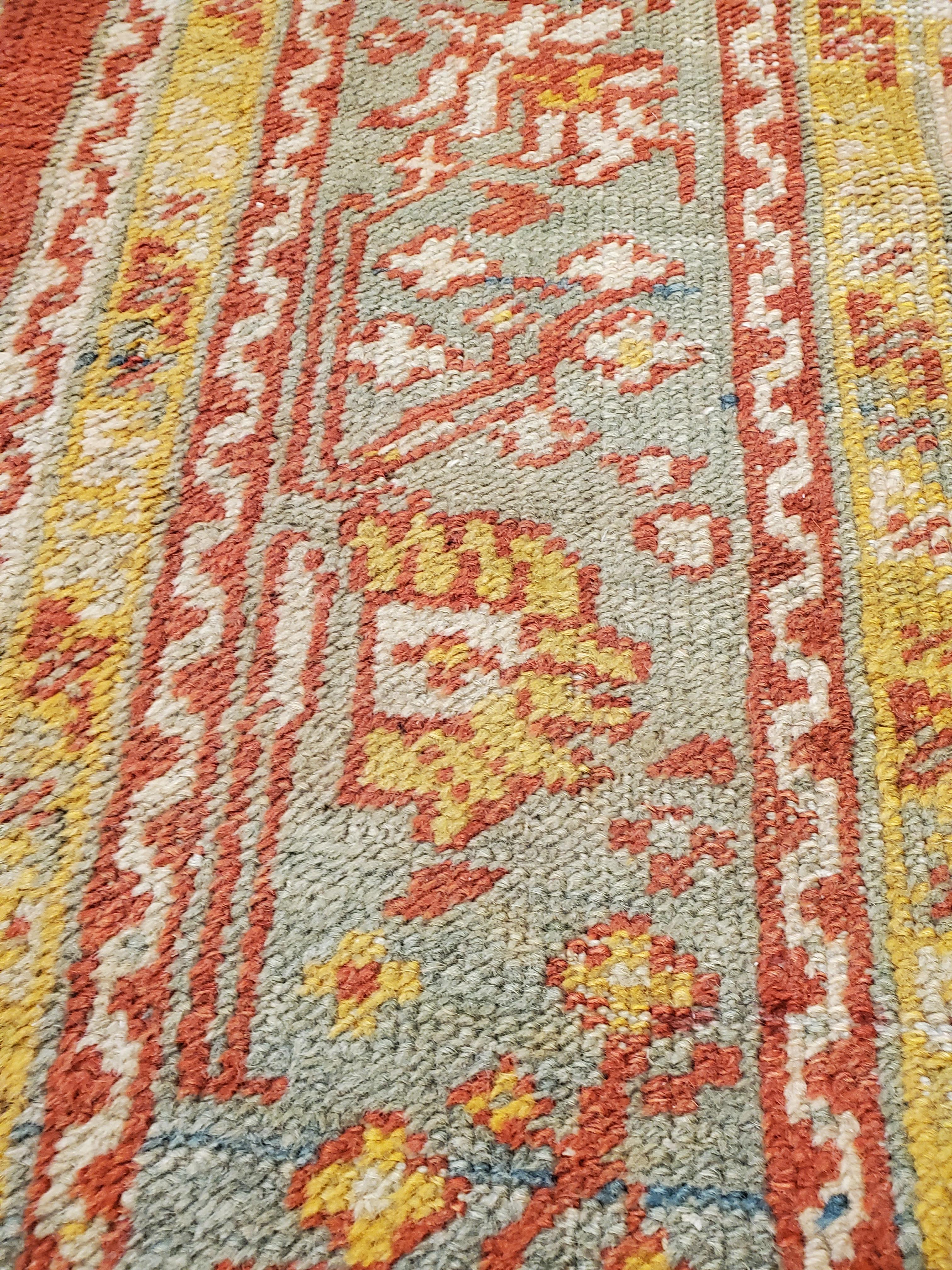 Antique Oushak Carpet, Oriental Rug, Handmade Rug Saffron, Light Blue and Coral In Excellent Condition For Sale In Port Washington, NY