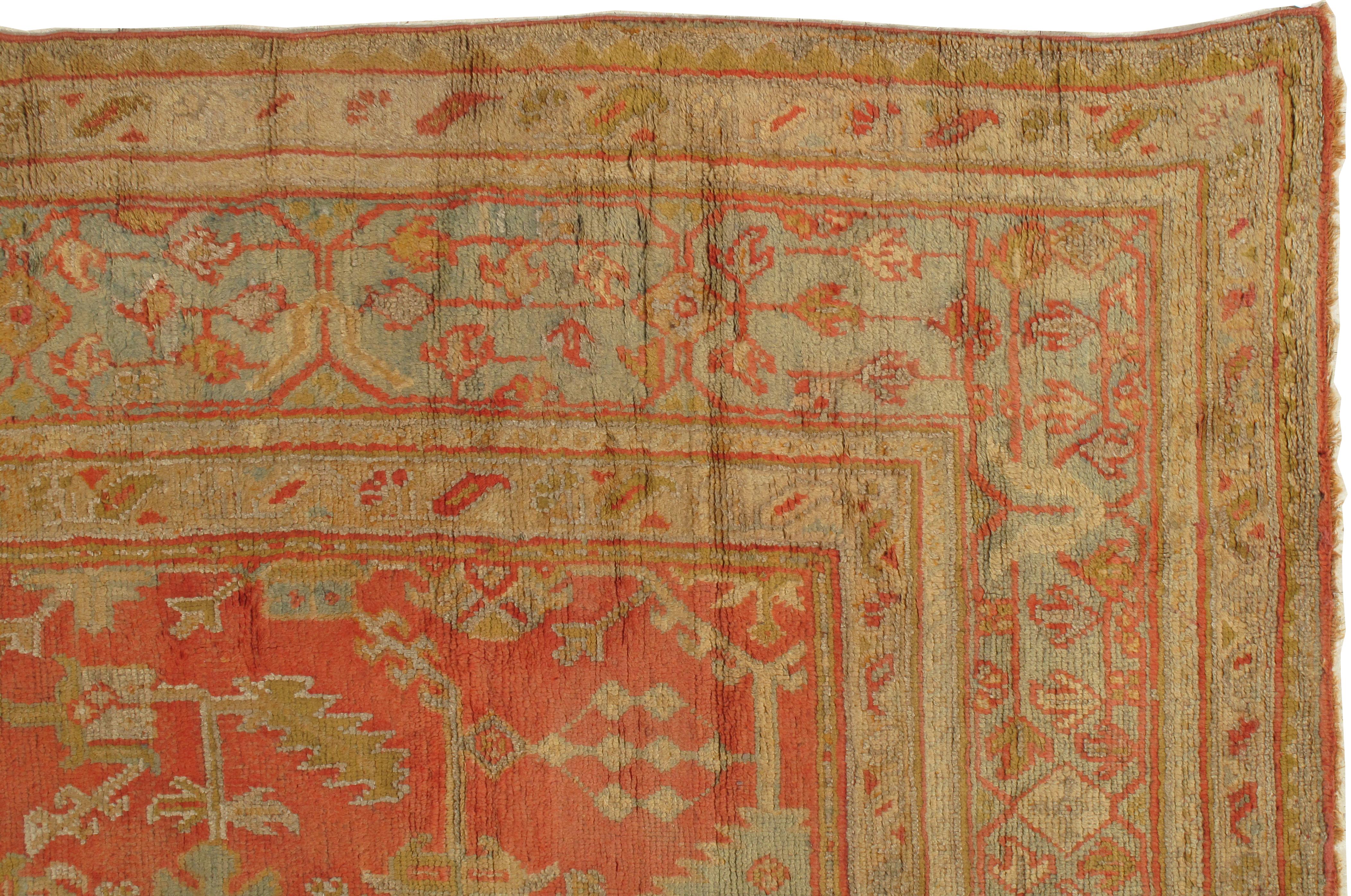 Antique Oushak Carpet, Oriental Rug, Handmade Rug Saffron, Light Blue and Coral In Good Condition For Sale In Port Washington, NY