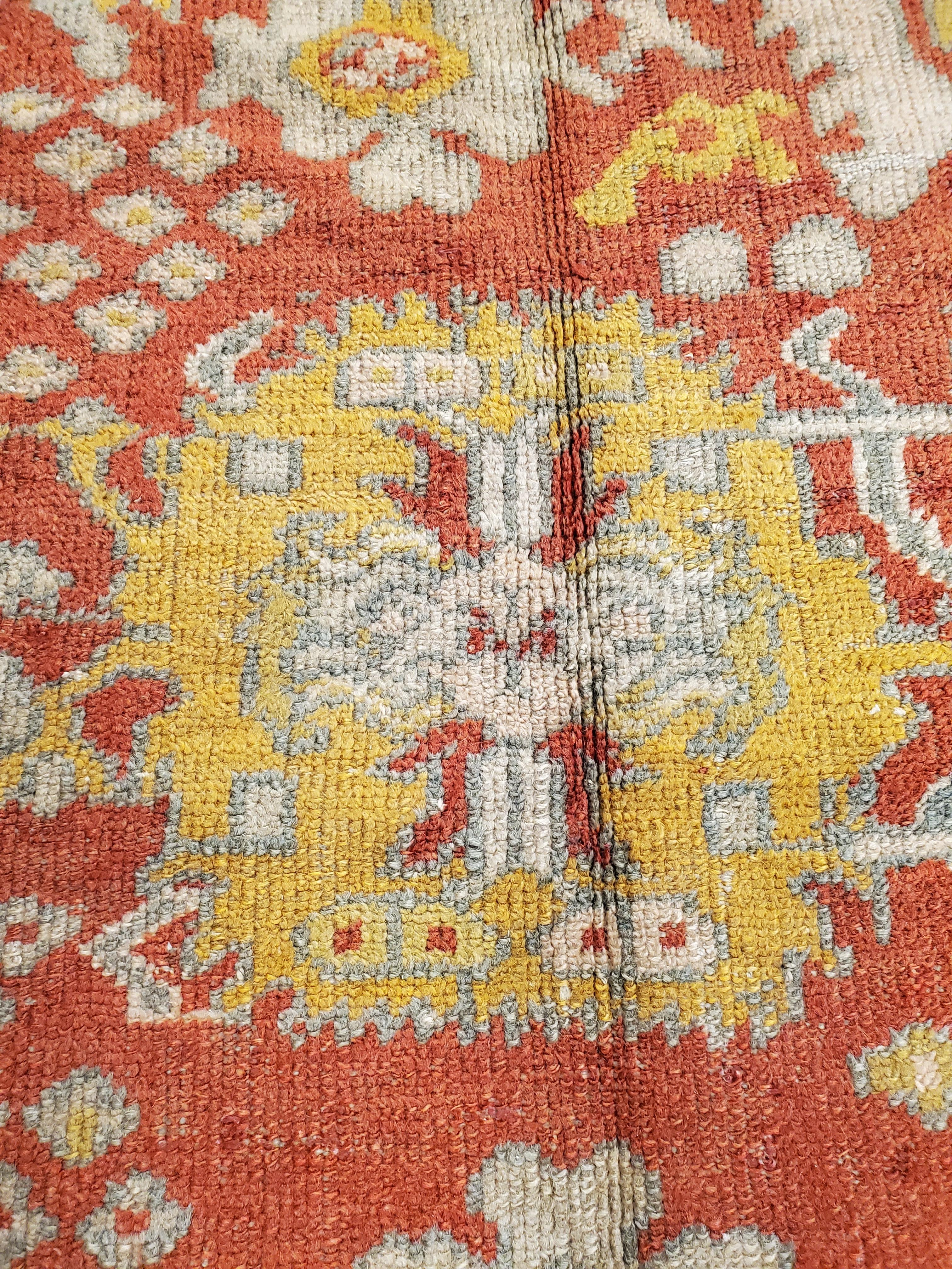 19th Century Antique Oushak Carpet, Oriental Rug, Handmade Rug Saffron, Light Blue and Coral For Sale