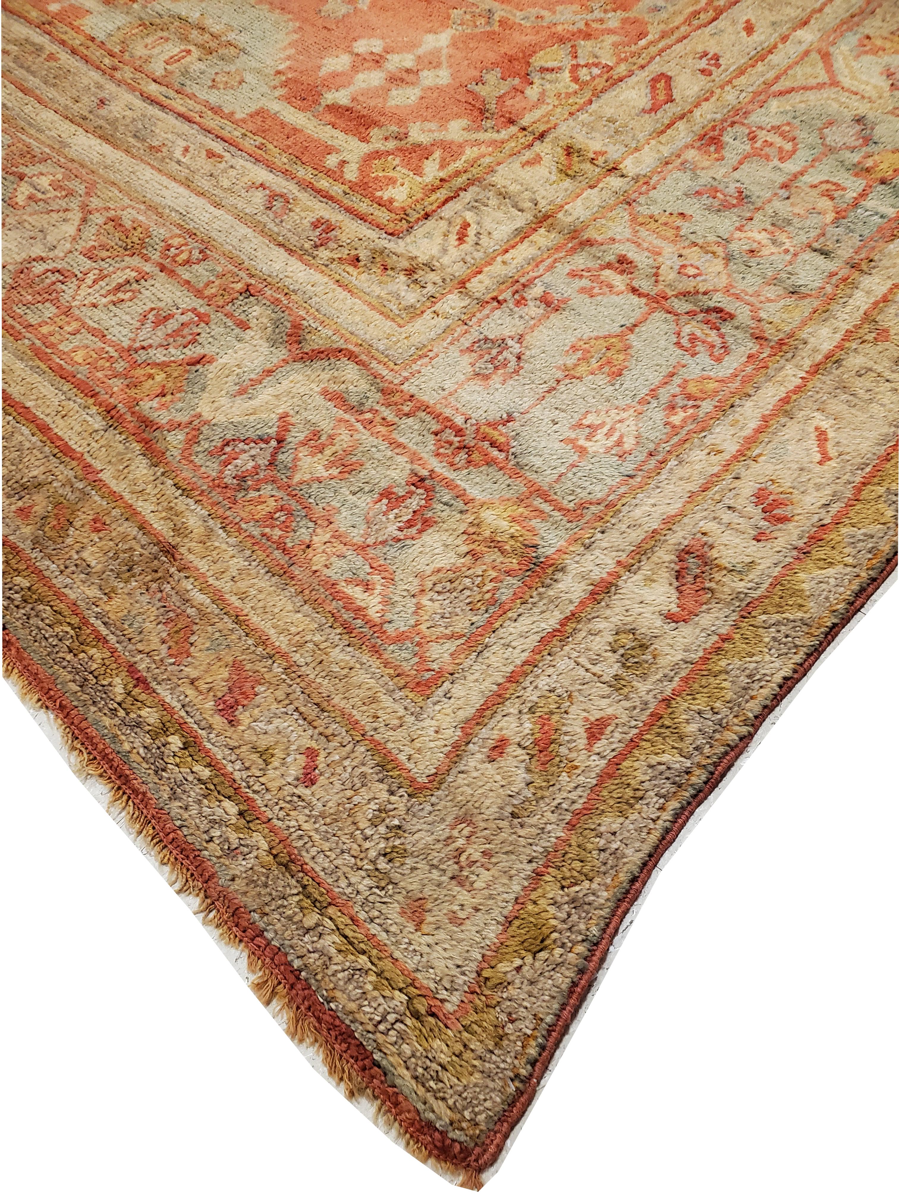 20th Century Antique Oushak Carpet, Oriental Rug, Handmade Rug Saffron, Light Blue and Coral For Sale