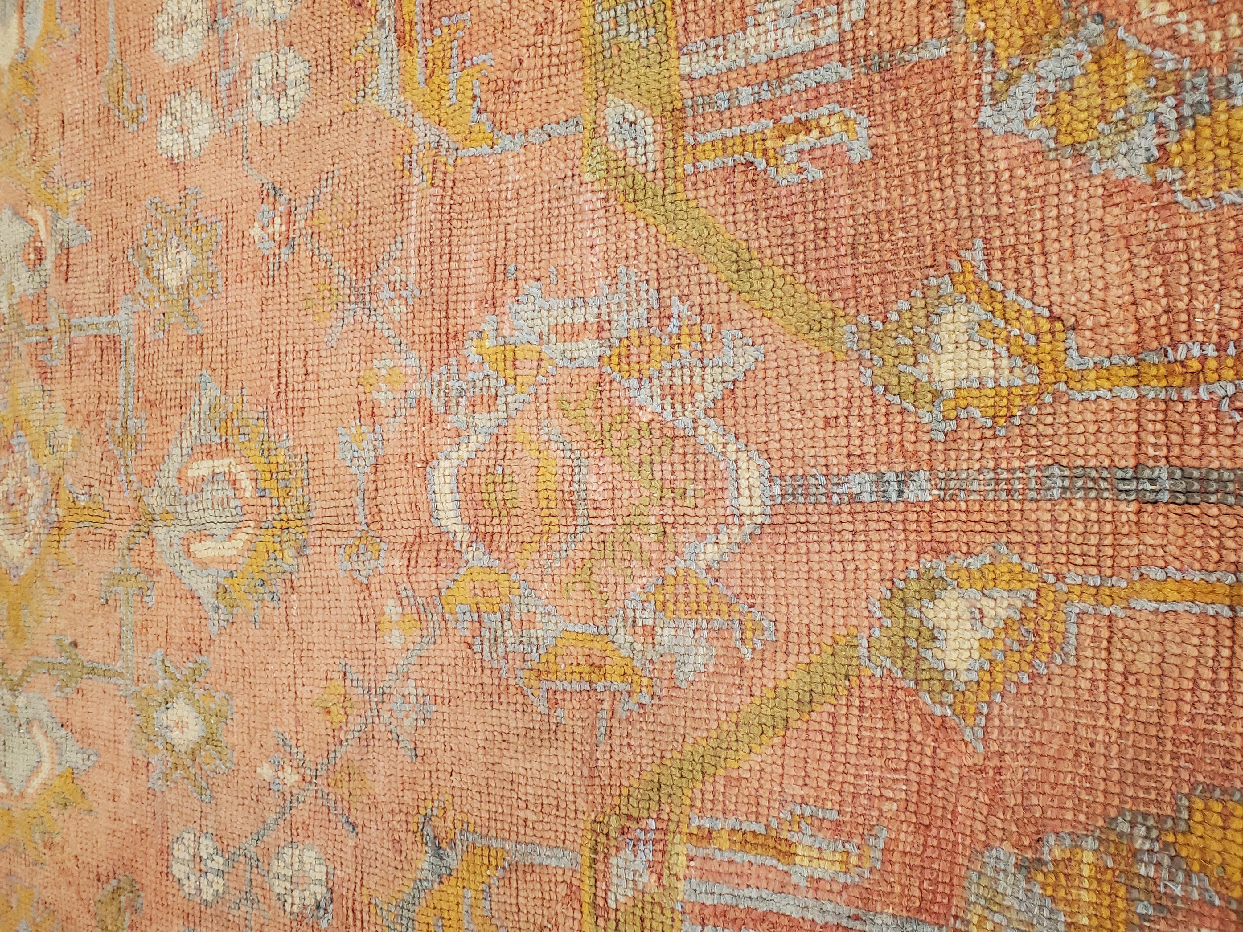 Wool Antique Oushak Carpet, Oriental Rug, Handmade Rug Saffron, Light Blue and Coral For Sale